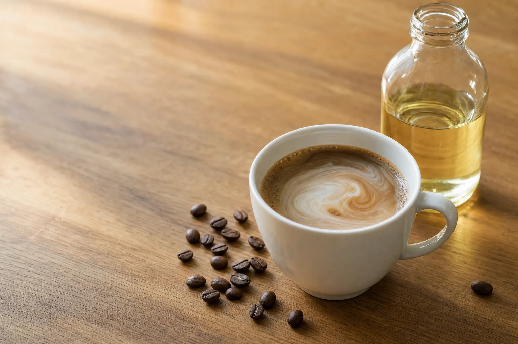 A cup of coffee with a swirl of cream beside coffee beans and a small bottle of oil on a wooden counter in morning light