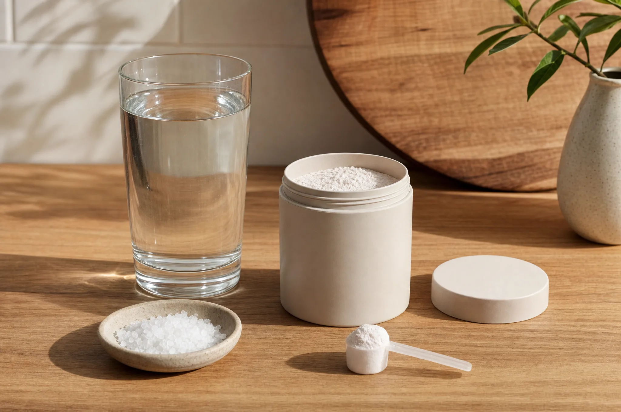 A glass of water beside an unlabeled tub of electrolyte powder with a scoop and a small dish of coarse salt on a wooden counter