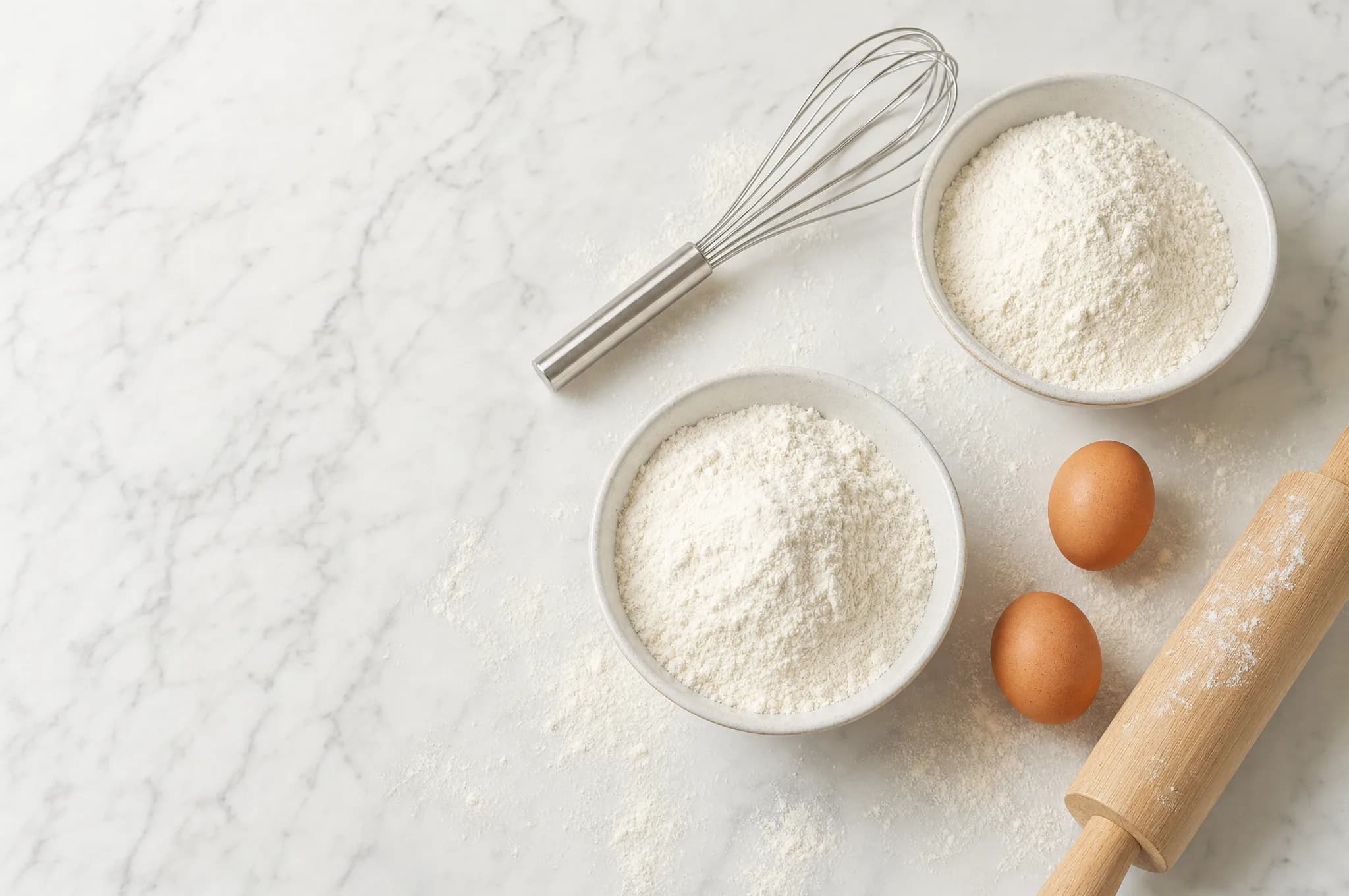 Two bowls of pale keto flour with a whisk, eggs, and a rolling pin on a marble counter