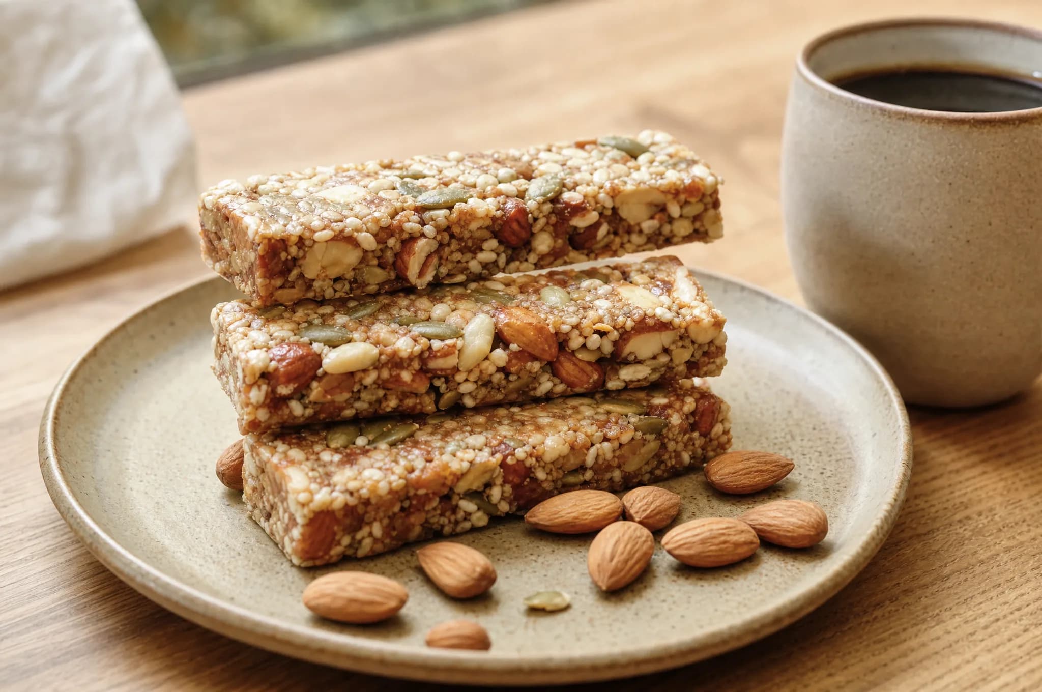 Unwrapped protein bars stacked on a small ceramic plate with scattered almonds and a cup of coffee