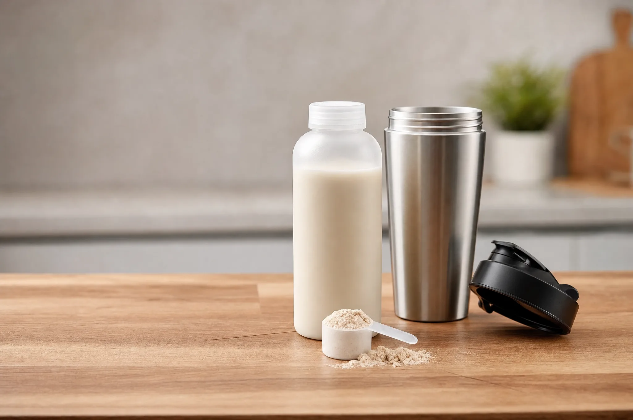 An unlabeled bottle of a protein shake next to a shaker cup and a scoop on a kitchen counter