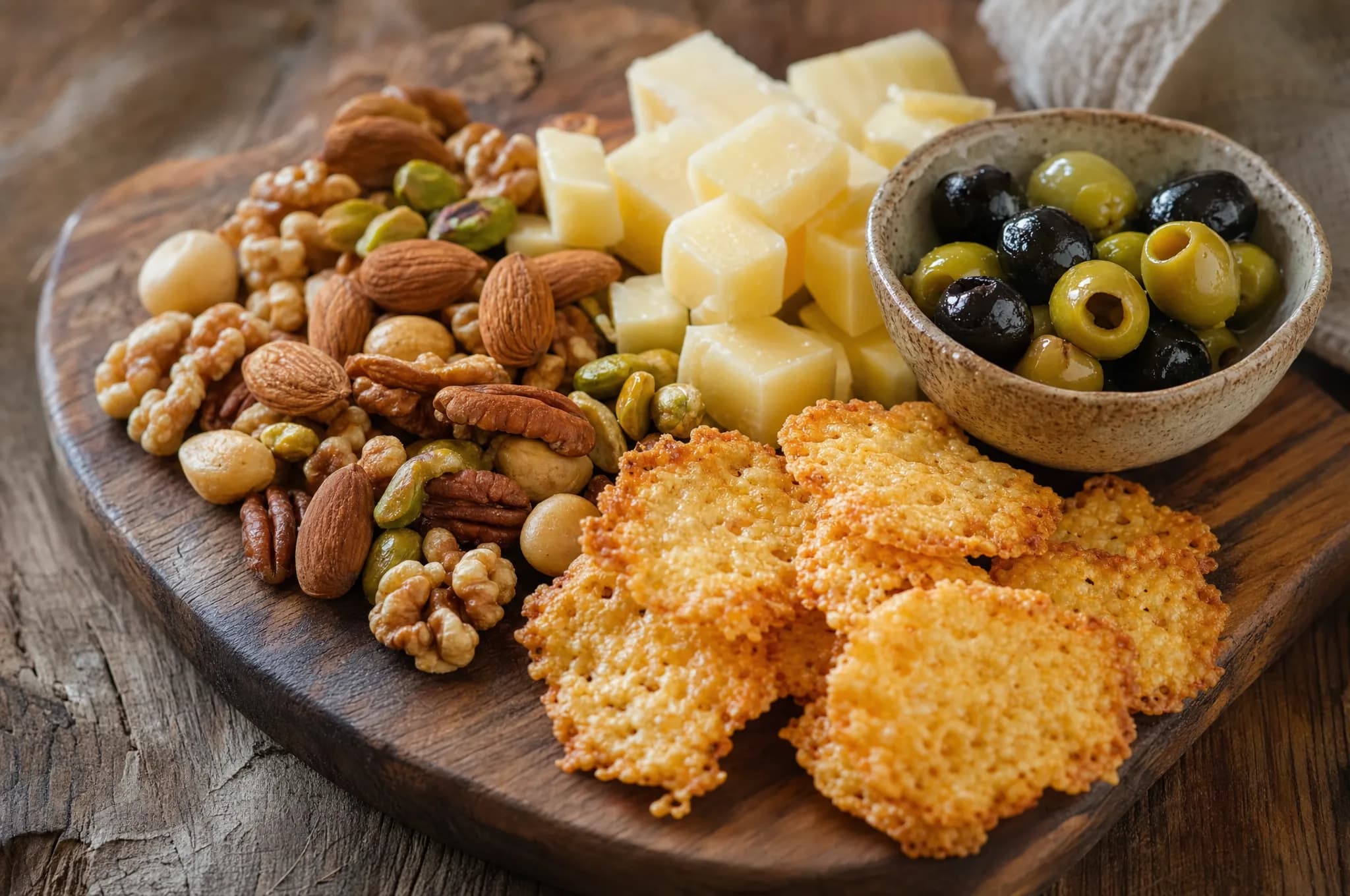 A wooden board of keto snacks — mixed nuts, cheese cubes, olives, and cheese crisps