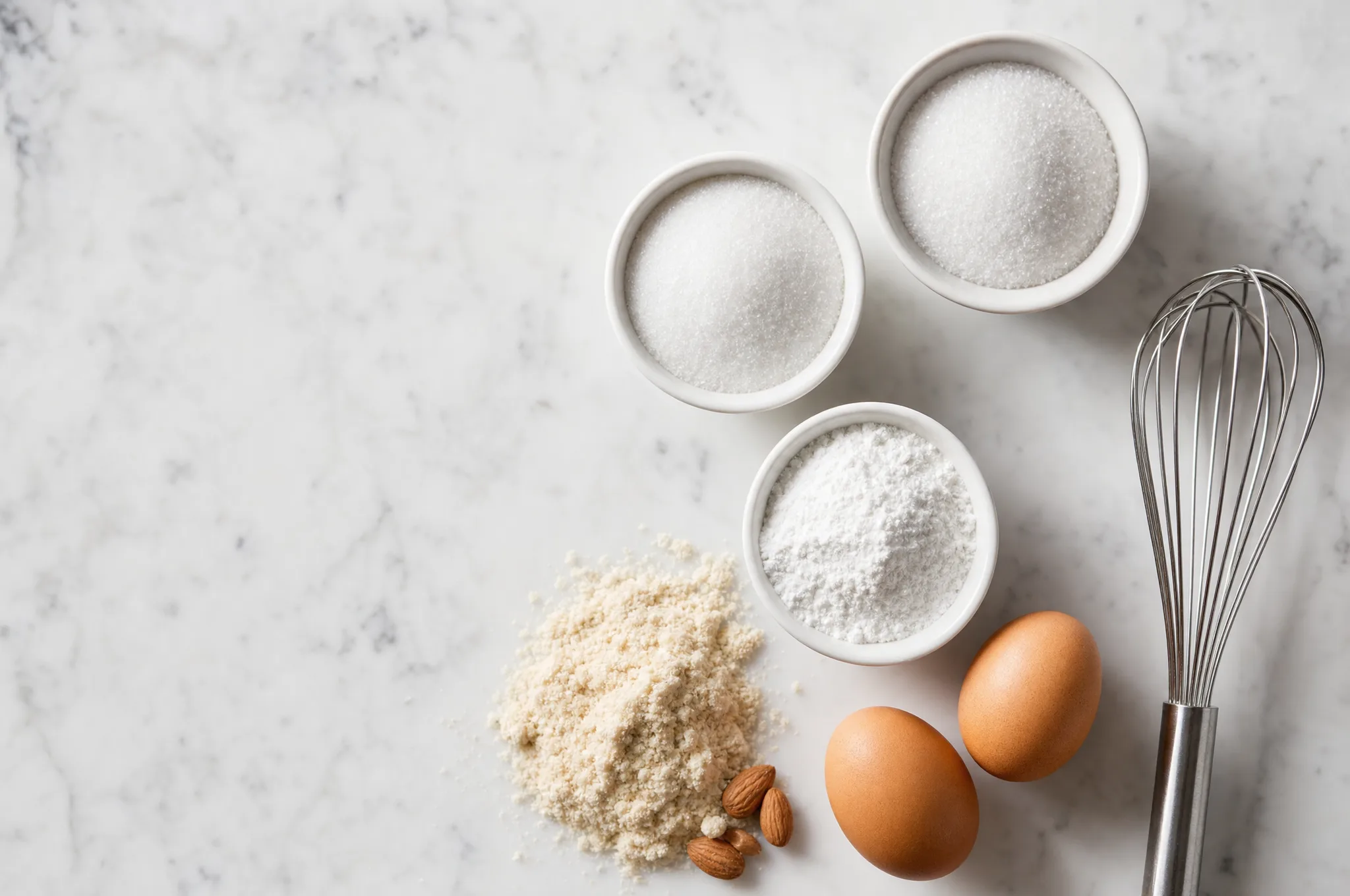 Small white bowls of granulated and powdered keto sweeteners with a whisk, eggs, and almond flour on a counter