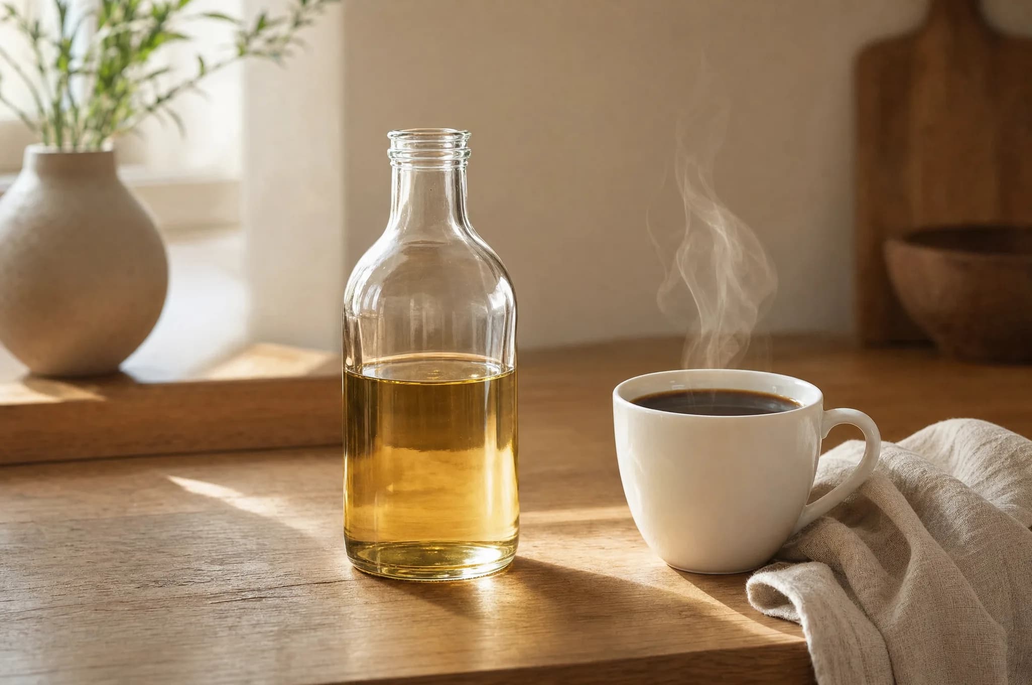 An unlabeled clear glass bottle of oil beside a cup of black coffee on a wooden counter in morning light