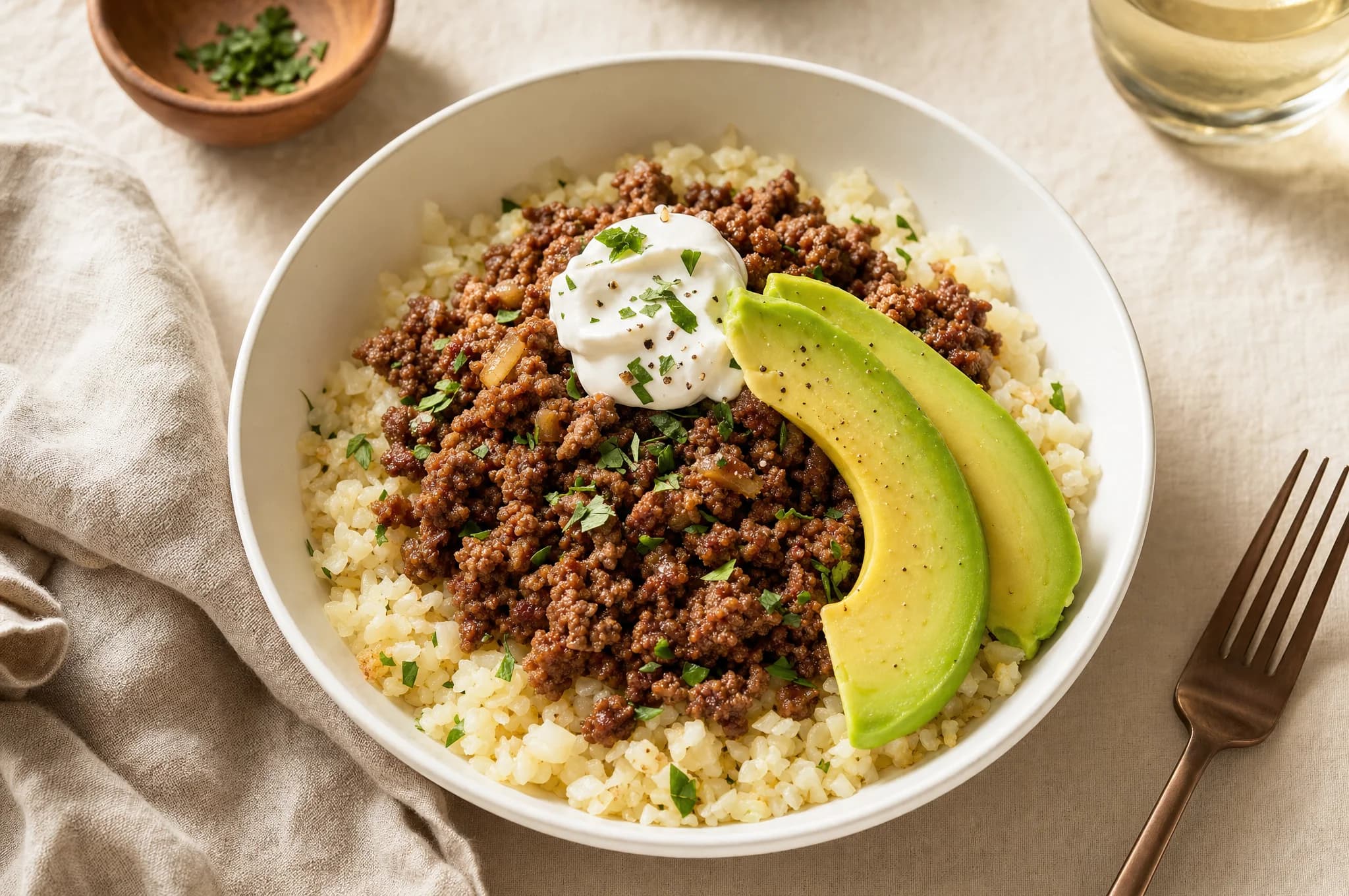 A keto ground beef bowl with cauliflower rice, sour cream, and avocado in a white ceramic bowl