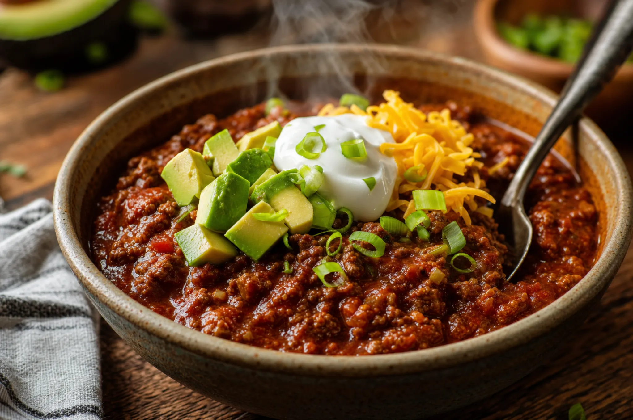 Keto no-bean beef chili in a rustic bowl, thick ground beef and tomato chili topped with shredded cheddar, a dollop of sour cream, diced avocado, and sliced scallions