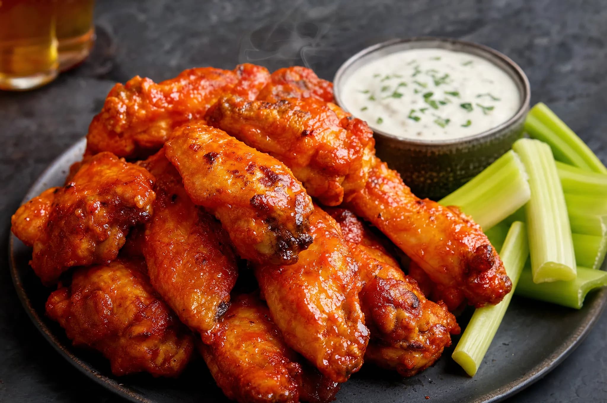 Keto buffalo chicken wings coated in glossy red-orange buffalo sauce piled on a plate with celery sticks and a small bowl of creamy ranch dip