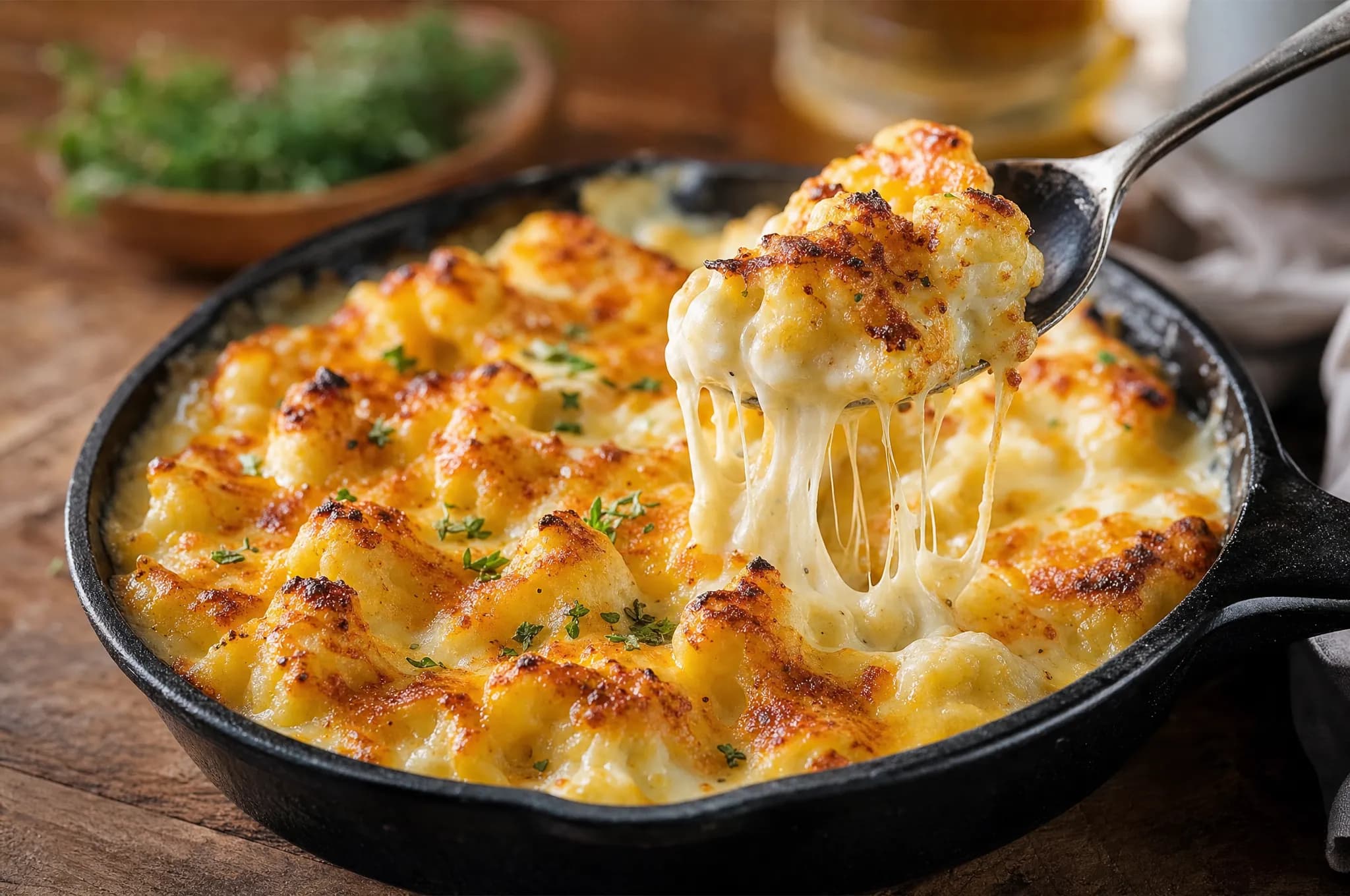 Keto cauliflower mac and cheese in a cast-iron skillet, cauliflower florets coated in bubbling golden three-cheese cream sauce with a browned top