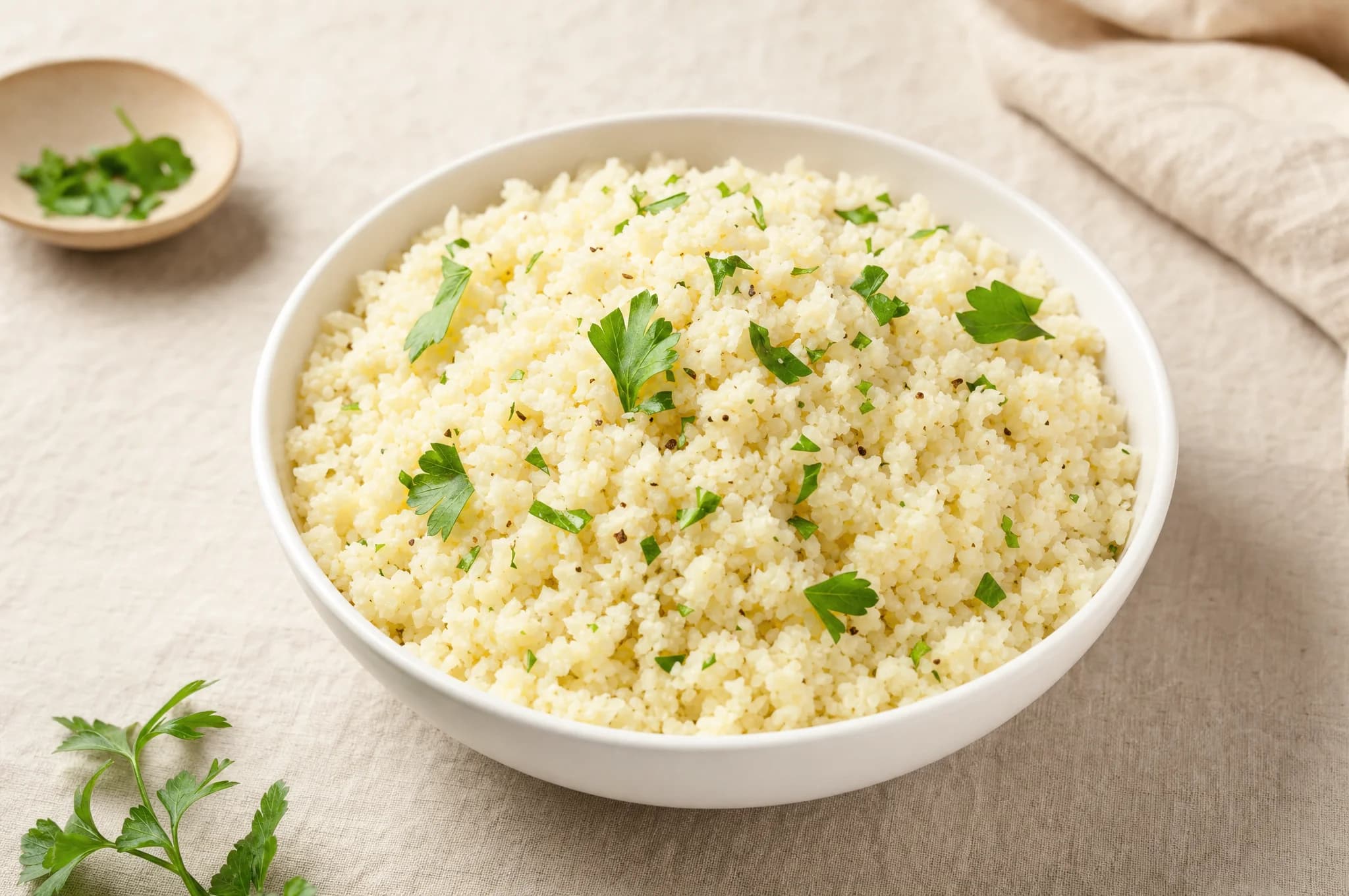 Fluffy cauliflower rice in a white ceramic bowl with fresh herbs