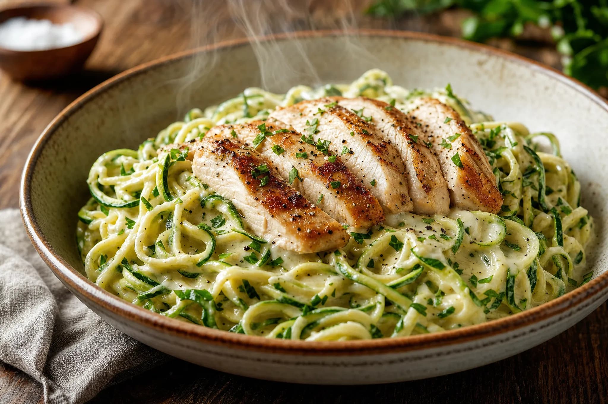 Keto chicken Alfredo with spiralized zucchini noodles in a creamy Parmesan garlic sauce, topped with sliced seared chicken breast, parsley, and black pepper in a shallow bowl