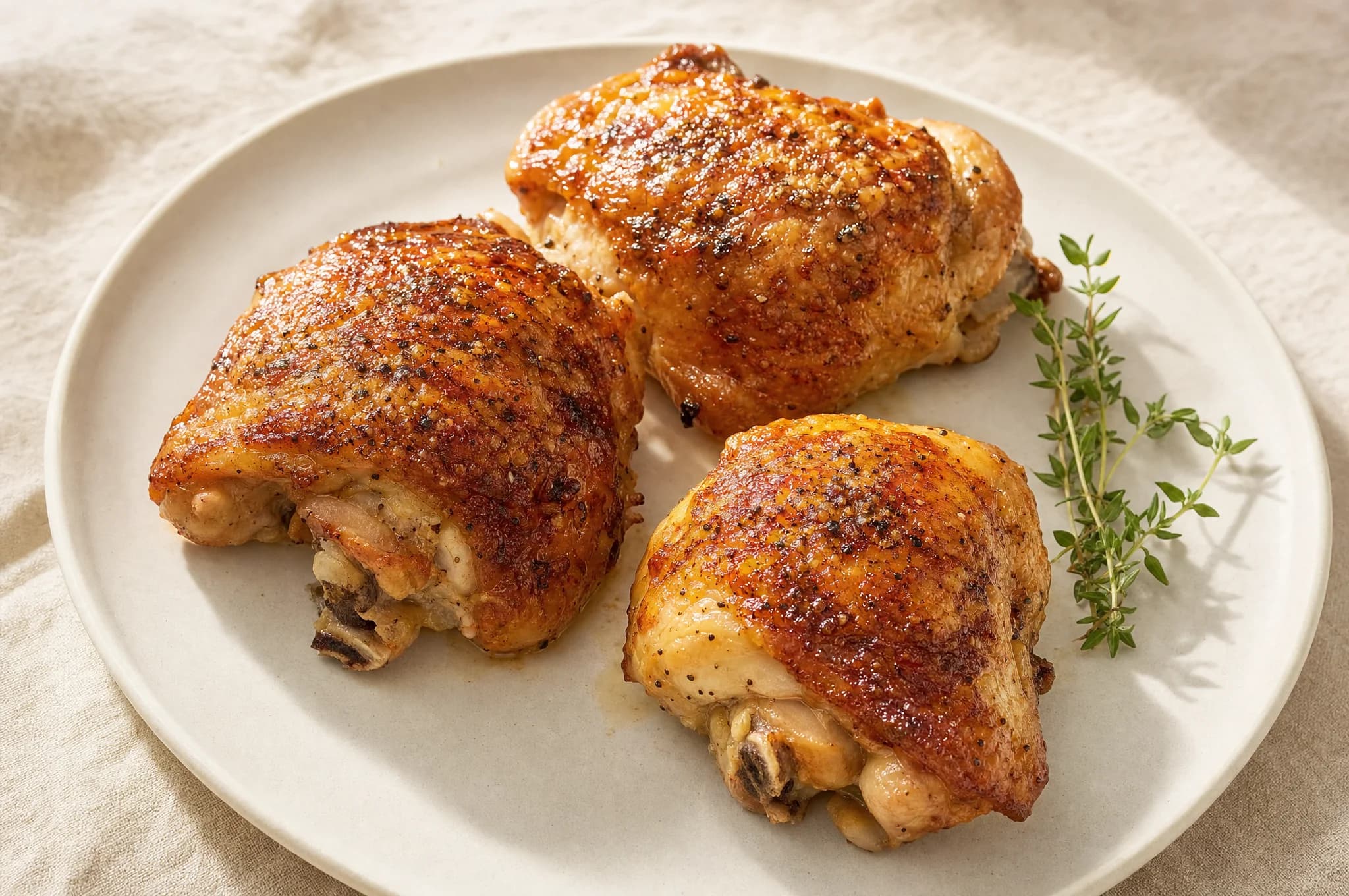 Three golden-brown crispy roasted chicken thighs on a light ceramic plate with a sprig of thyme
