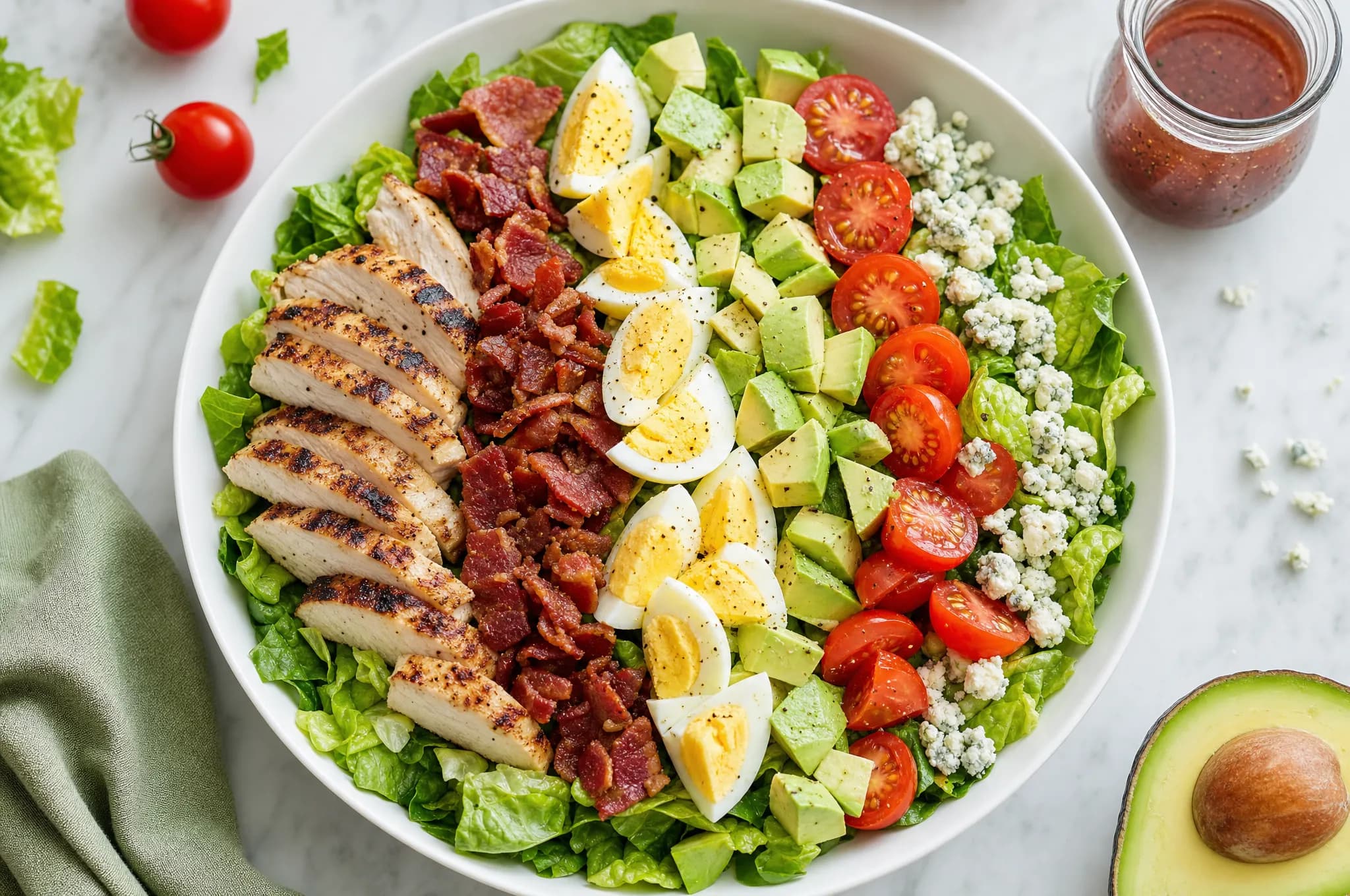 Keto Cobb salad with rows of grilled chicken, crumbled bacon, sliced hard-boiled egg, avocado, cherry tomatoes, and blue cheese over chopped romaine in a wide bowl