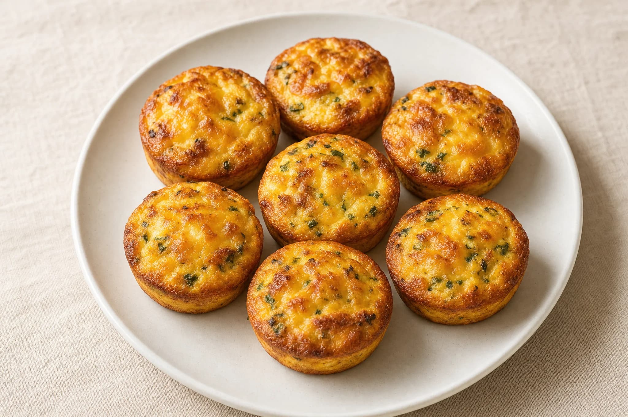 Six golden-brown keto egg muffins on a white ceramic plate