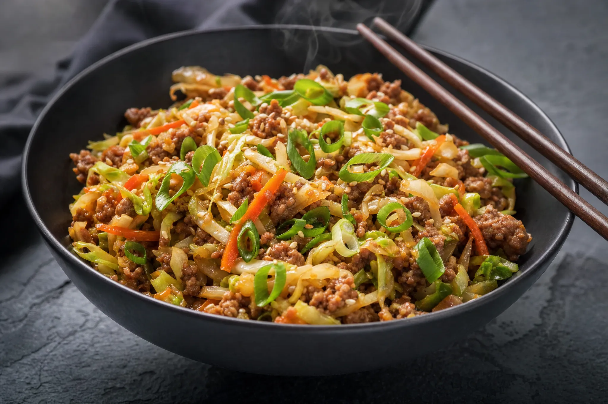 Keto egg roll in a bowl with browned ground pork, shredded cabbage and carrot, scallions, and toasted sesame seeds in a dark bowl