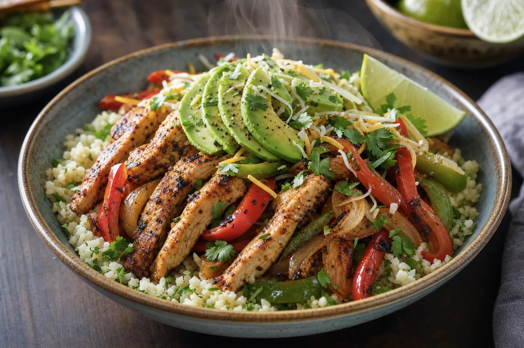 Keto chicken fajita bowl with seared chicken strips, charred red and green bell peppers, and onion over cauliflower rice, topped with sliced avocado, cheese, and cilantro