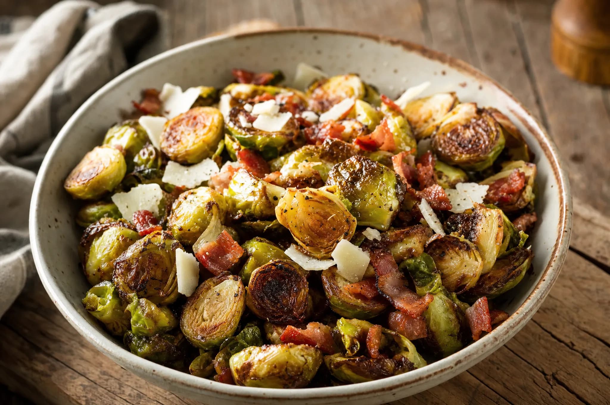 Crispy keto air fryer Brussels sprouts with crumbled bacon and shaved parmesan in a bowl