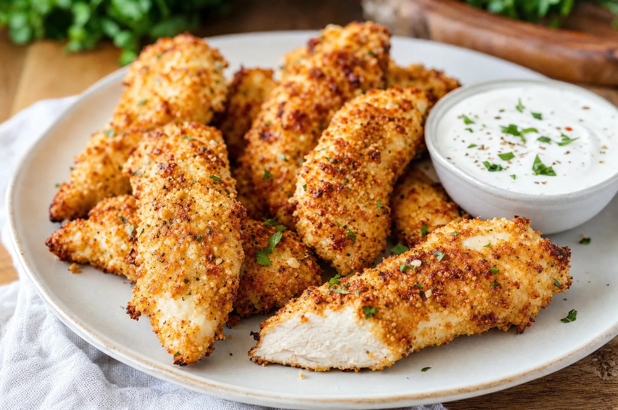 Crispy keto air fryer chicken tenders with a golden almond-flour crust, served with a side of ranch dip on a plate