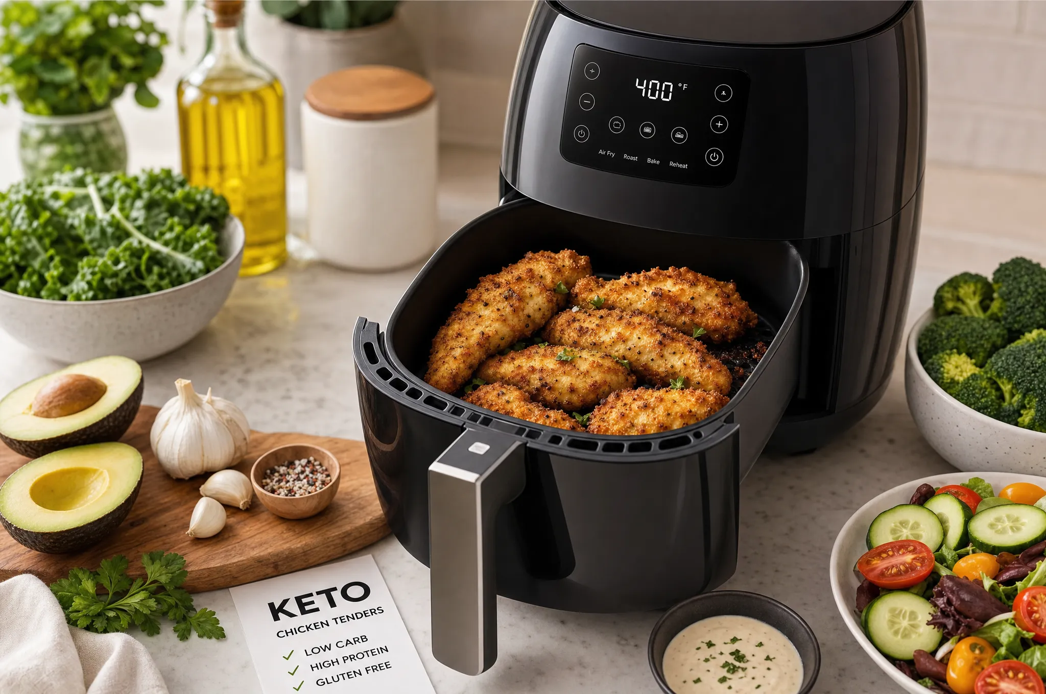 An air fryer on a kitchen counter with the basket pulled out showing crispy golden keto chicken tenders, surrounded by fresh low-carb ingredients