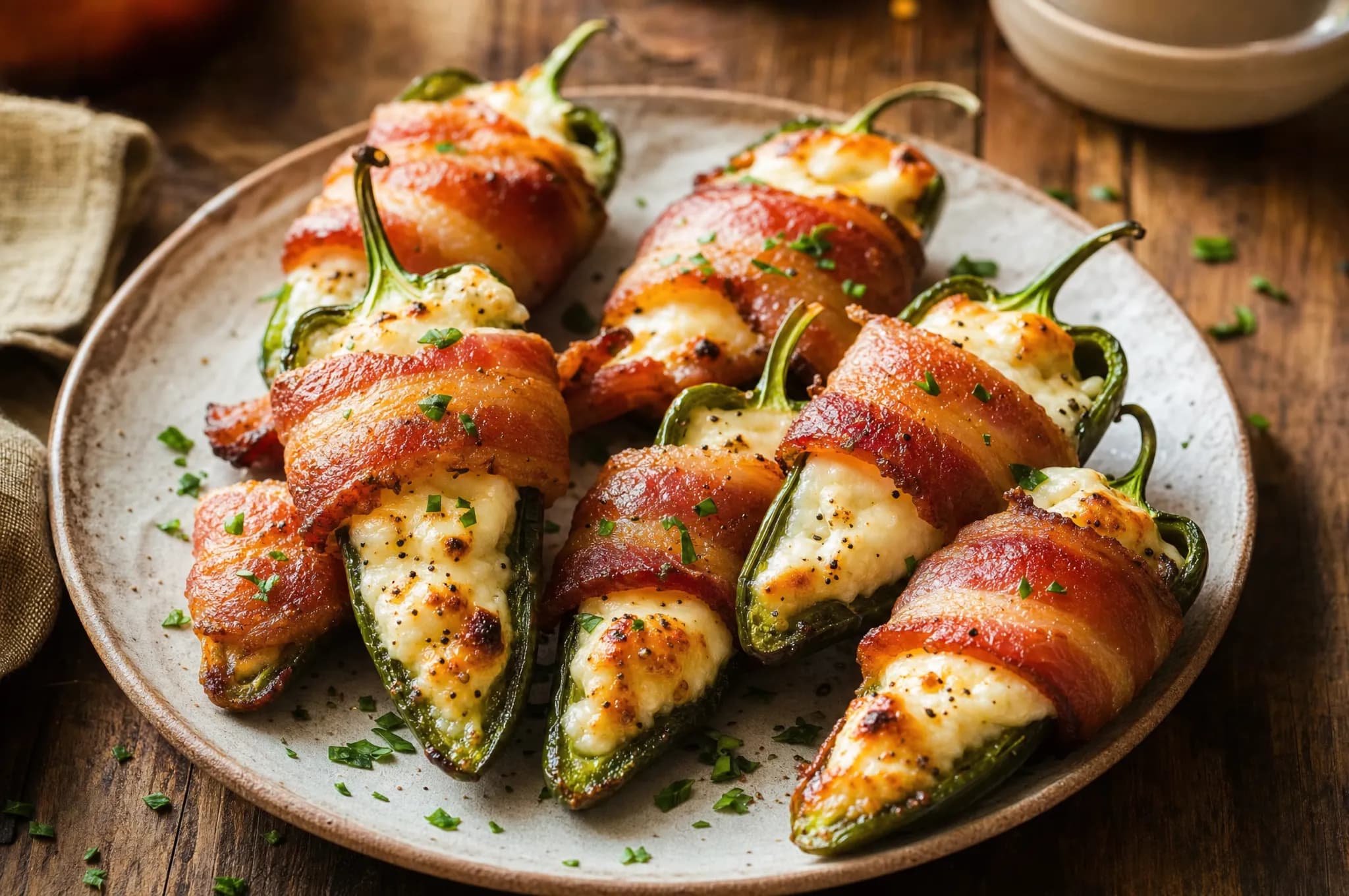 Keto air fryer jalapeño poppers — halved jalapeños filled with cream cheese and wrapped in crispy bacon on a plate