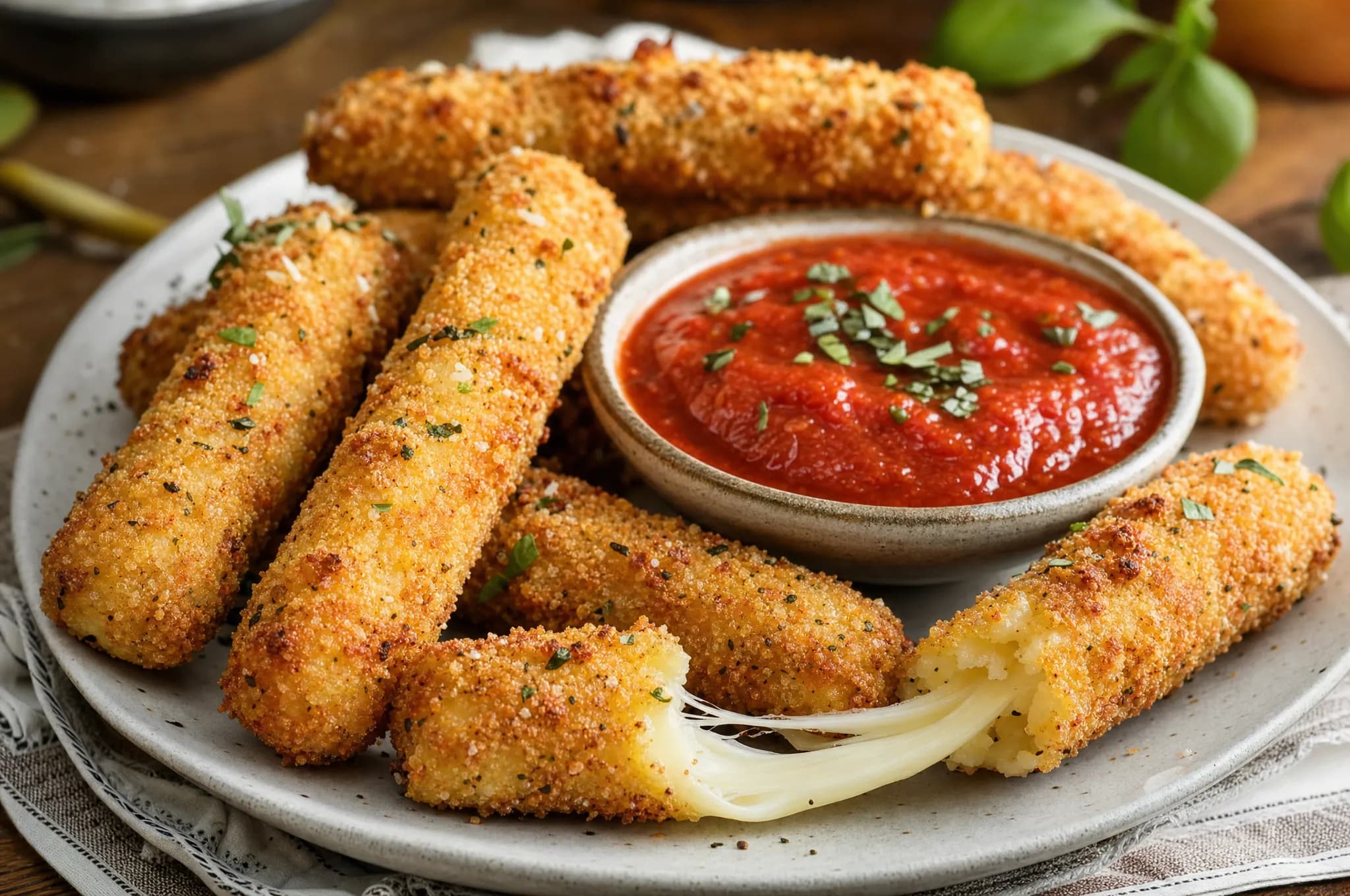 Crispy keto air fryer mozzarella sticks with a golden almond-flour coating, one broken open with a cheese pull, served with marinara dip