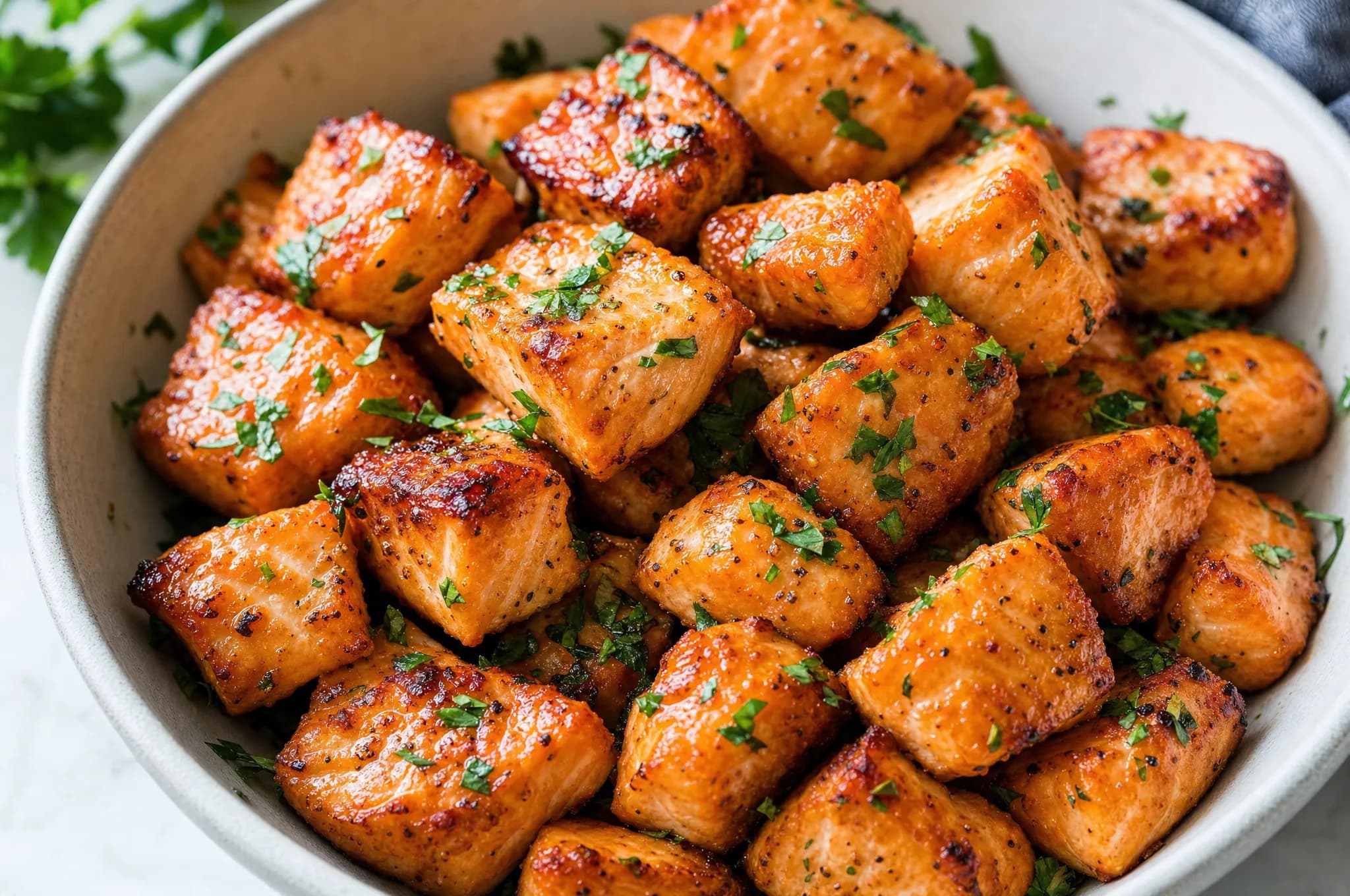 Keto air fryer salmon bites — golden seared cubes of salmon glazed and garnished with parsley in a bowl