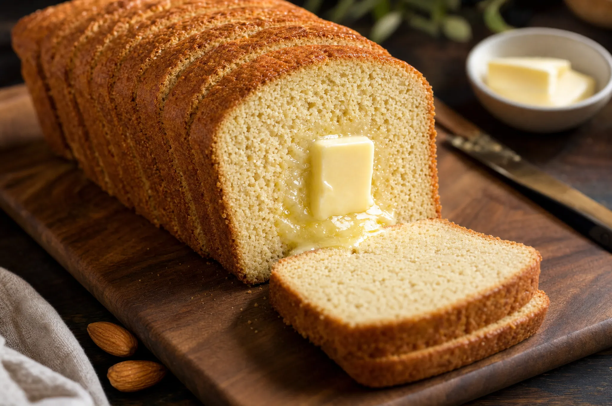 A sliced loaf of golden keto almond flour bread on a wooden cutting board, with a pat of butter melting on the cut surface