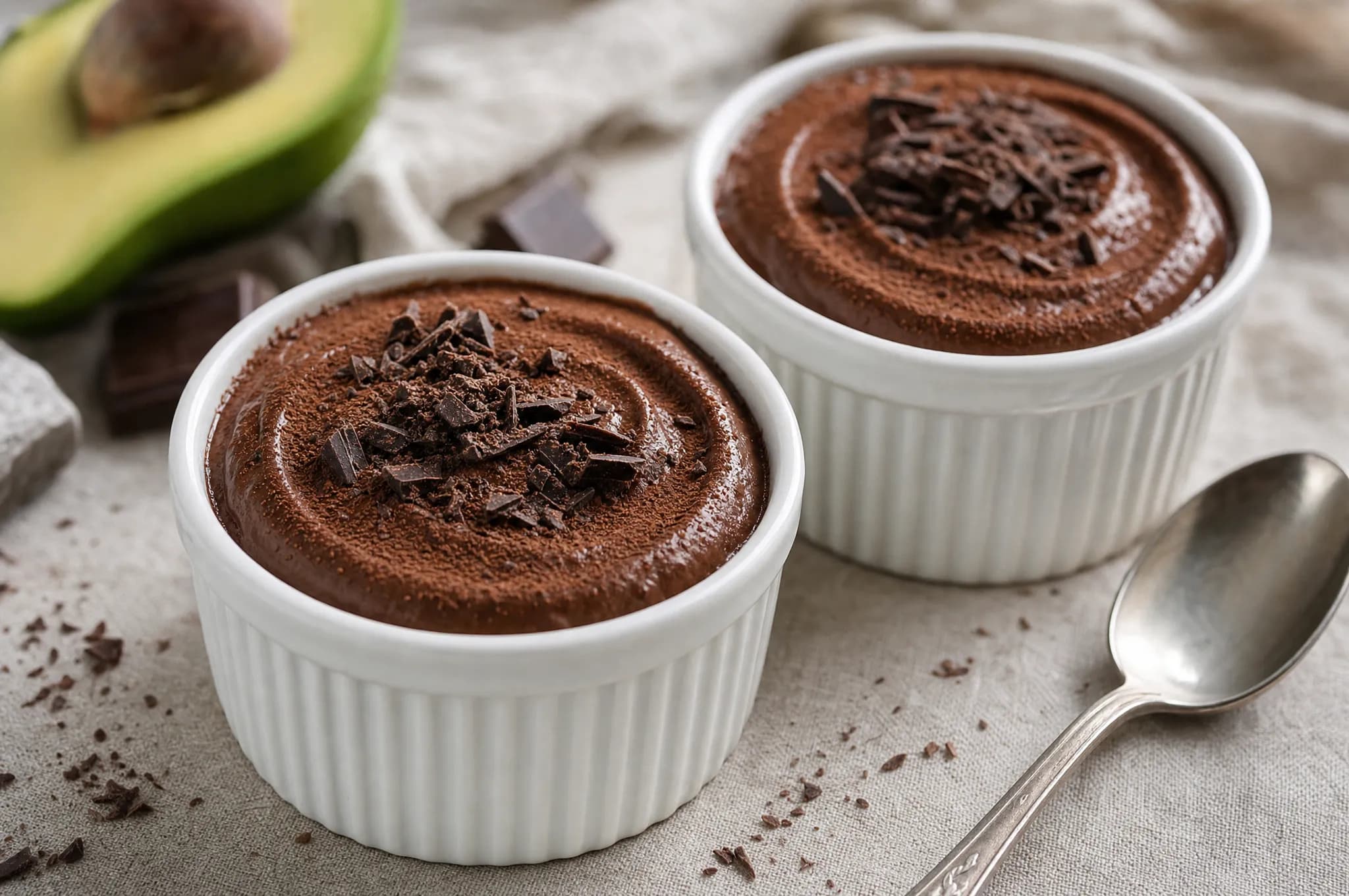 Two white ramekins of dark chocolate avocado mousse topped with chocolate shavings, avocado in background