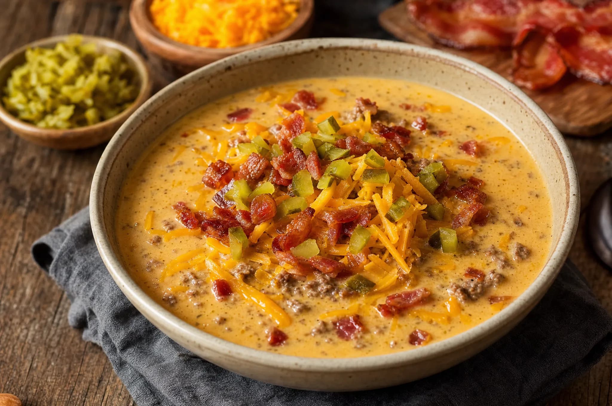 A bowl of creamy keto bacon cheeseburger soup topped with shredded cheddar, crumbled bacon, and chopped pickle