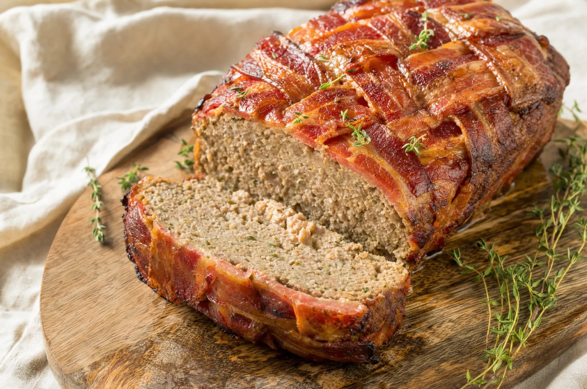 A sliced meatloaf wrapped in a crisp lattice of bacon, cut to show the tender interior, on a wooden board