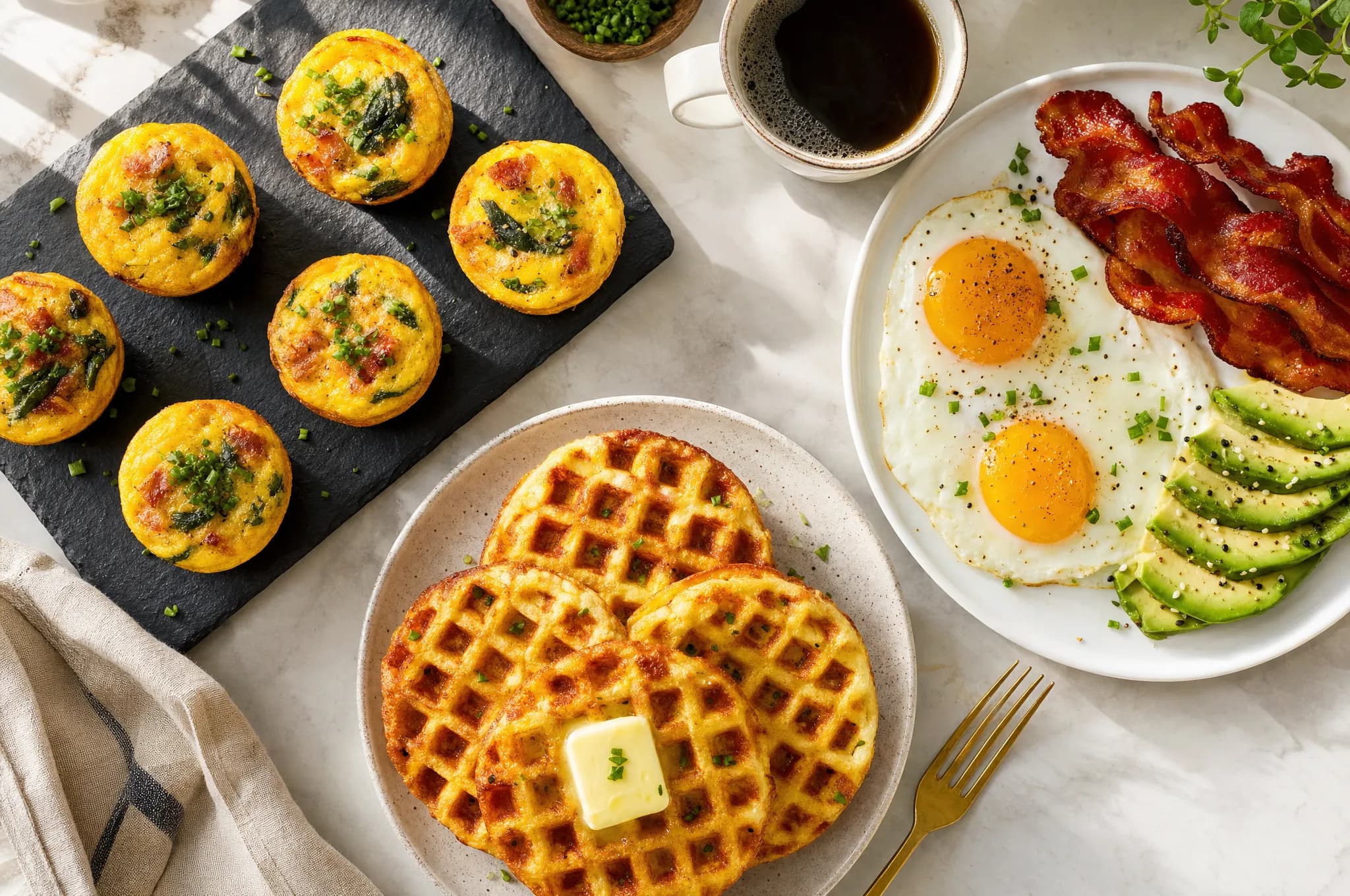 A spread of keto breakfast dishes on a kitchen table — egg muffins, chaffles with butter, and a plate of eggs with avocado and bacon