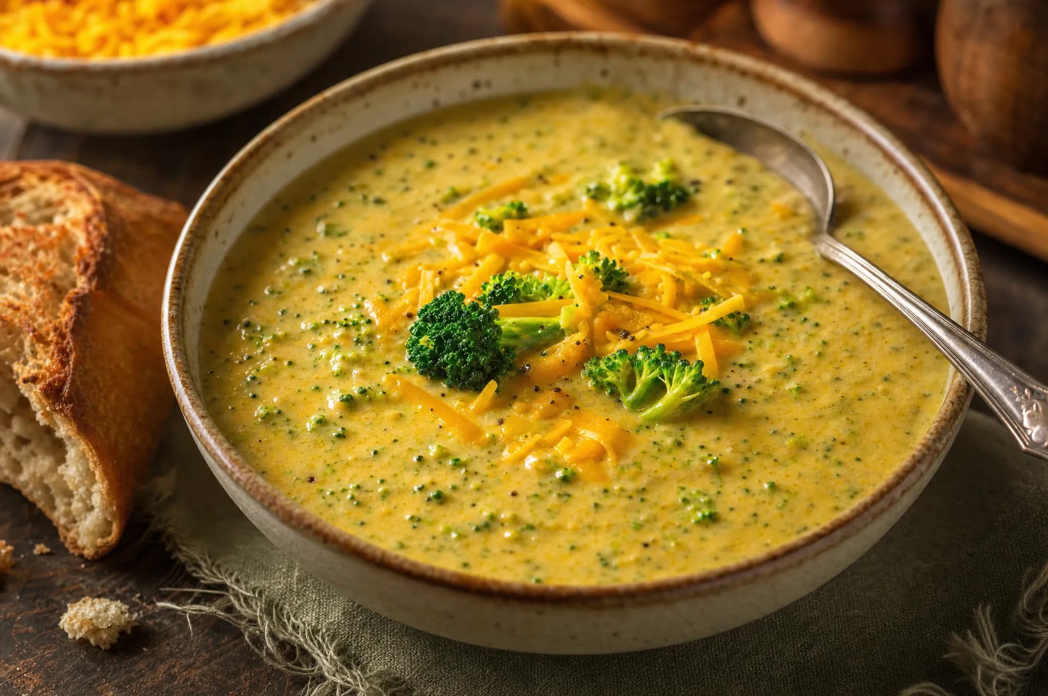 A bowl of thick keto broccoli cheddar soup topped with shredded cheddar and broccoli florets, with a spoon resting on the rim