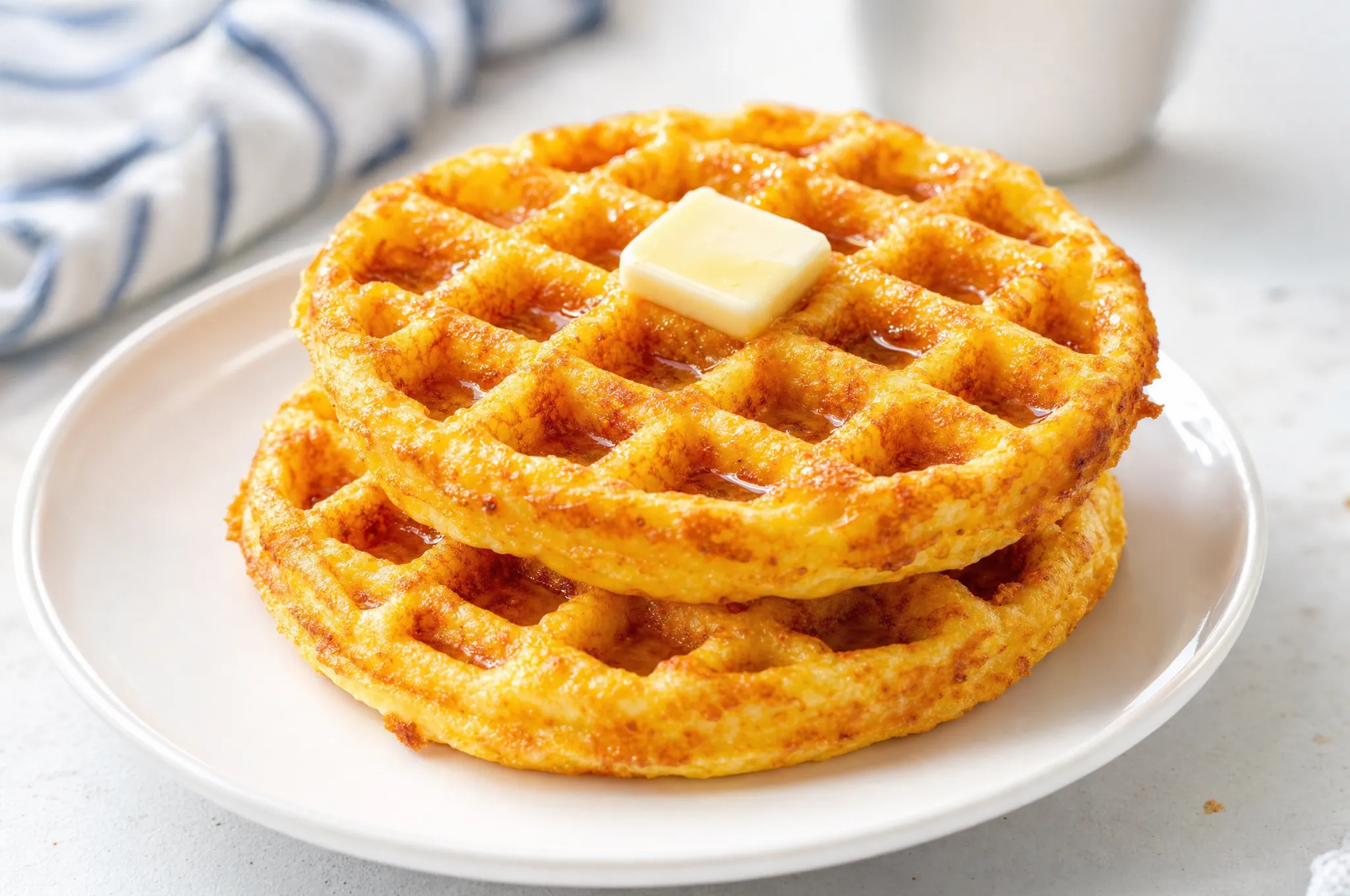 Two golden keto chaffles stacked on a plate, crisp and waffle-textured, made from egg and cheese