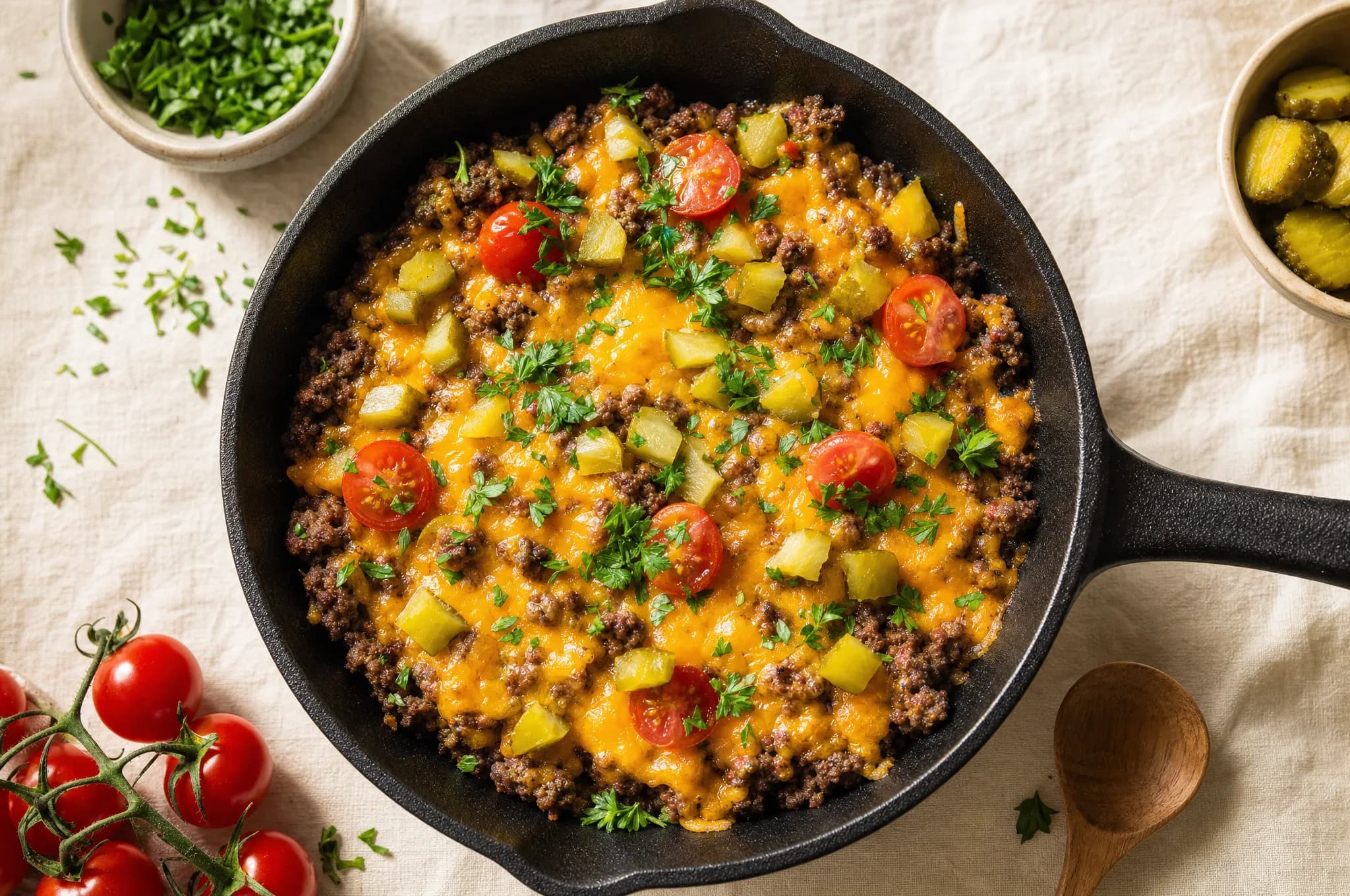 A cast-iron skillet of browned ground beef topped with melted cheddar, diced pickles, halved cherry tomatoes, and chopped parsley
