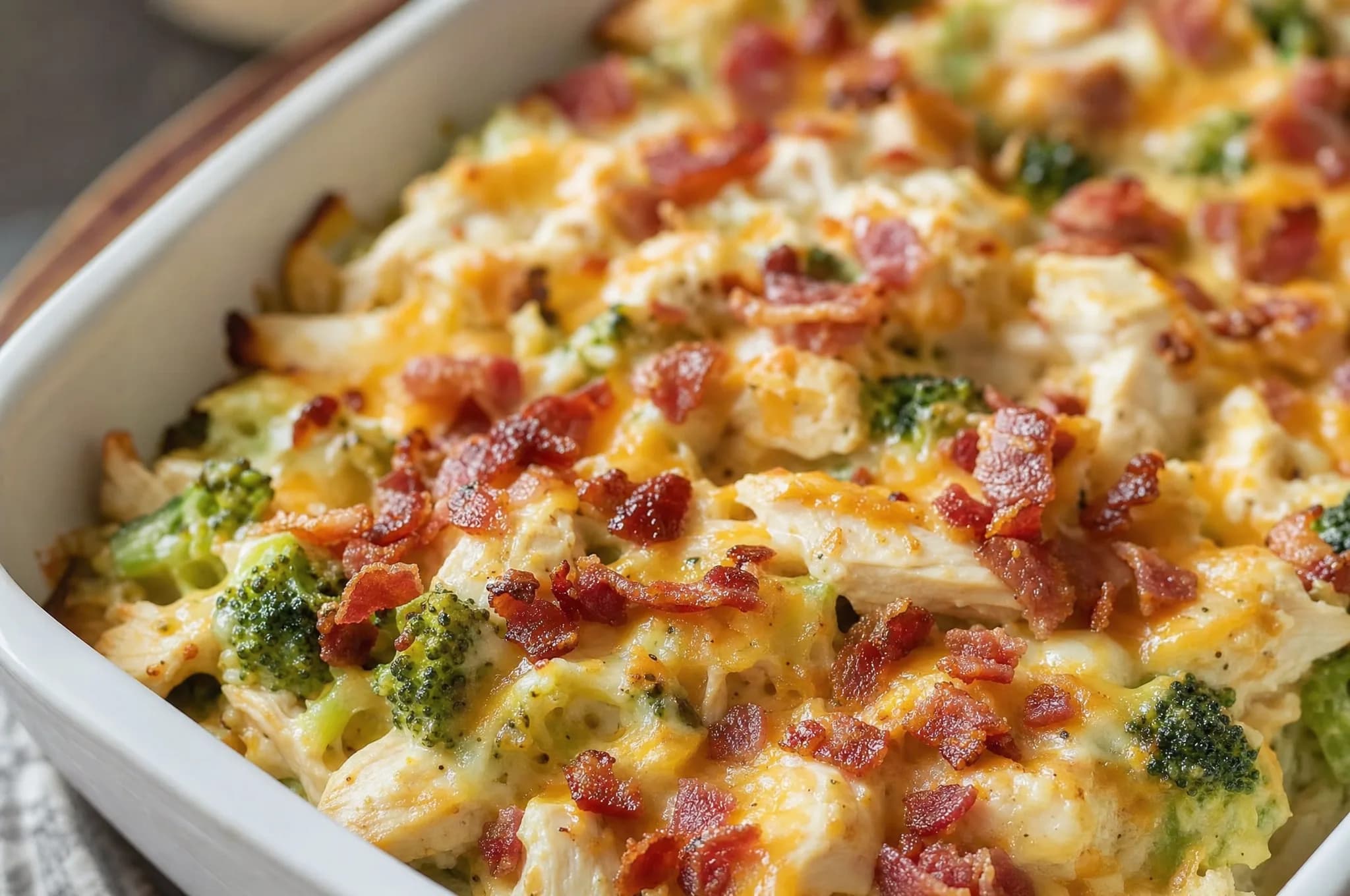 Bubbling keto chicken bacon ranch casserole with broccoli under melted cheddar and crumbled bacon in a white baking dish
