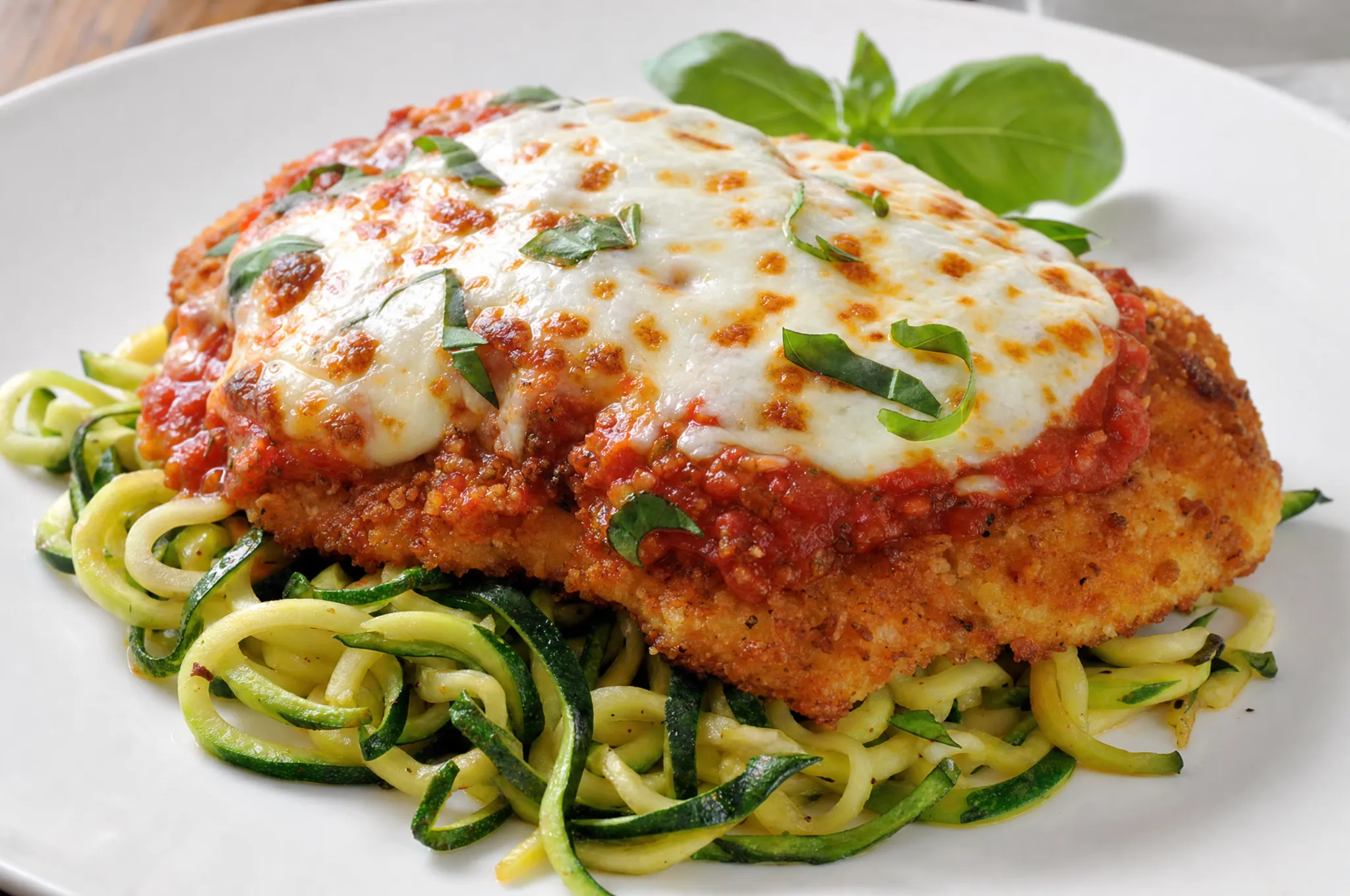 Keto chicken parmesan cutlet topped with marinara and melted mozzarella over a bed of zucchini noodles, garnished with basil