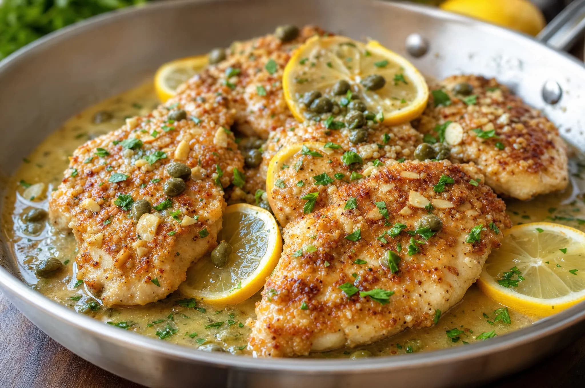 Golden almond-crusted keto chicken piccata cutlets in a glossy lemon-caper butter sauce with fresh parsley and lemon slices in a skillet