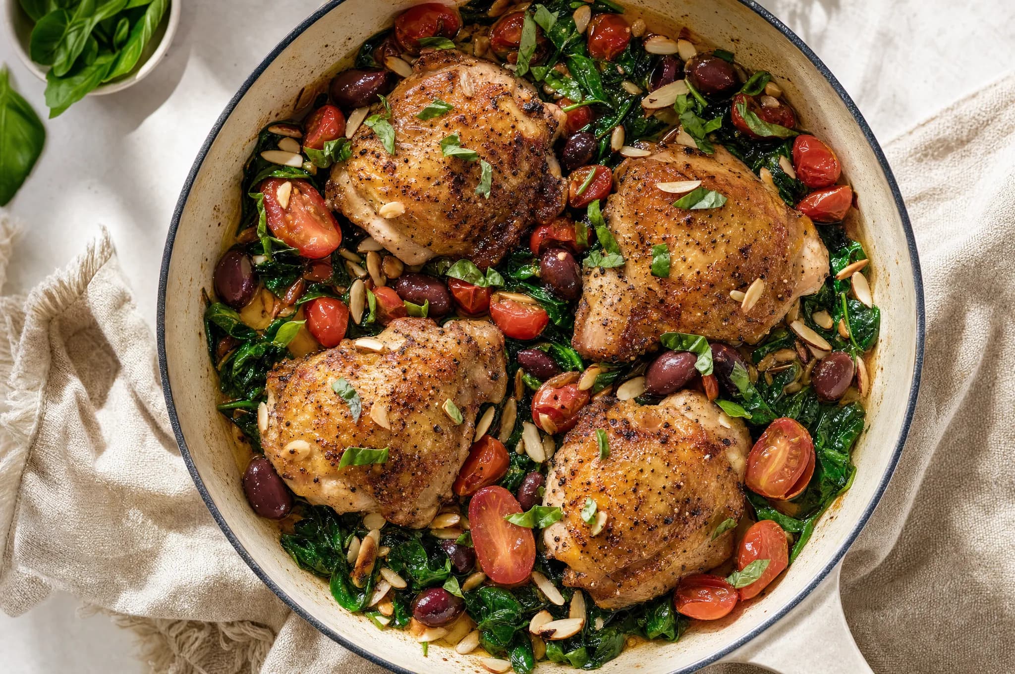 A skillet of golden pan-seared chicken thighs with wilted spinach, cherry tomatoes, kalamata olives, and toasted slivered almonds