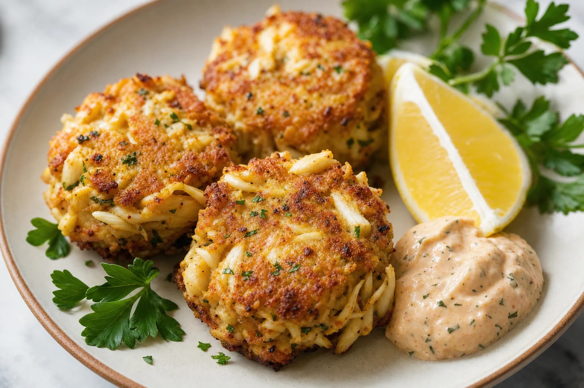 Golden pan-fried keto crab cakes topped with caper remoulade and fresh parsley, lemon wedges alongside on a white plate