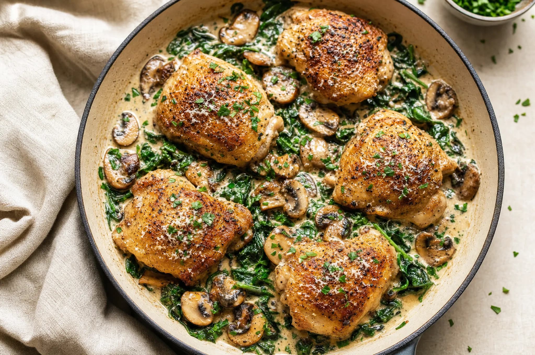 Seared chicken thighs in a creamy mushroom and spinach sauce in a skillet, dusted with Parmesan and parsley