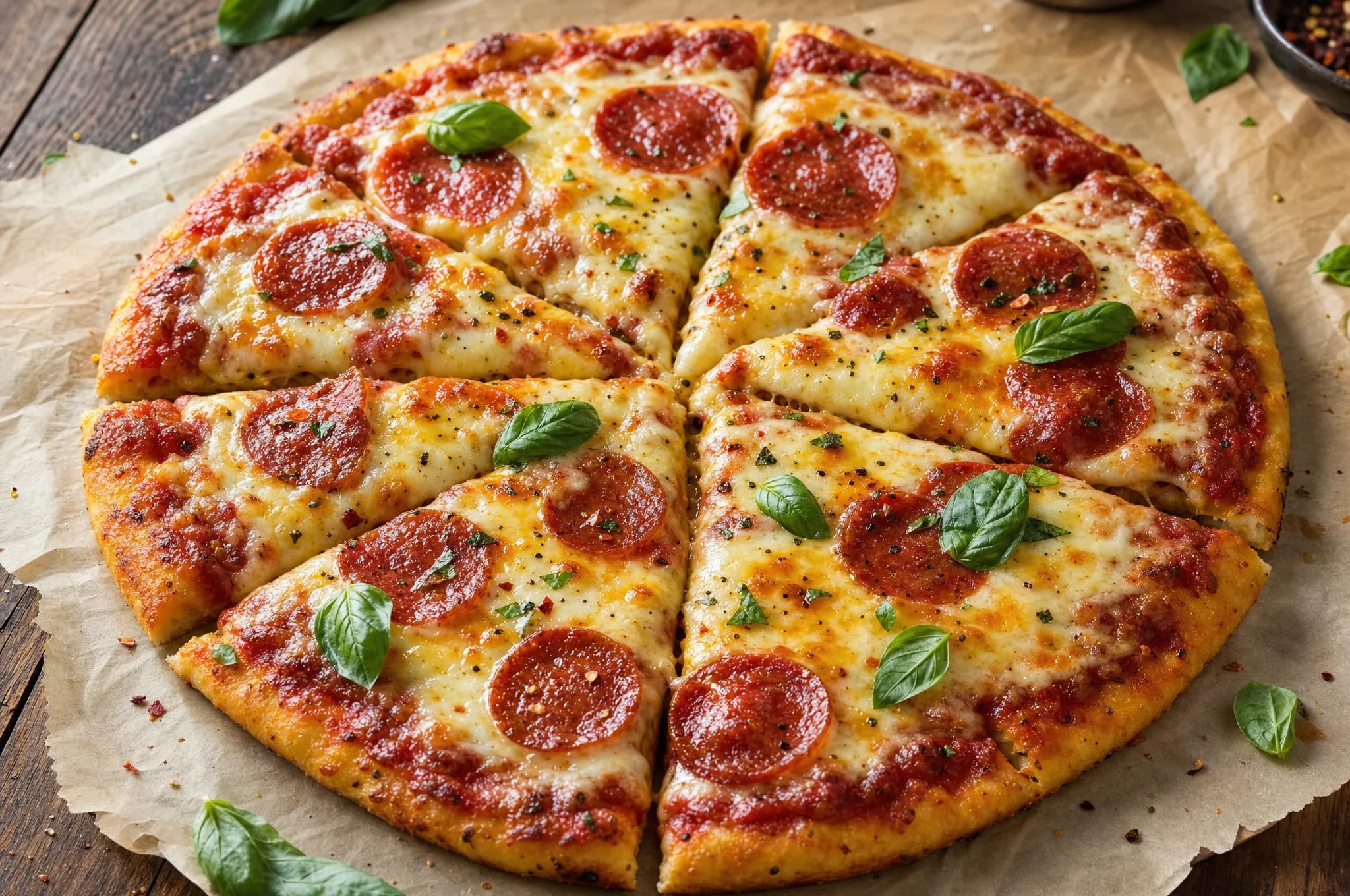 Keto fathead pizza with bubbling melted mozzarella, pepperoni, and fresh basil, cut into slices on parchment paper