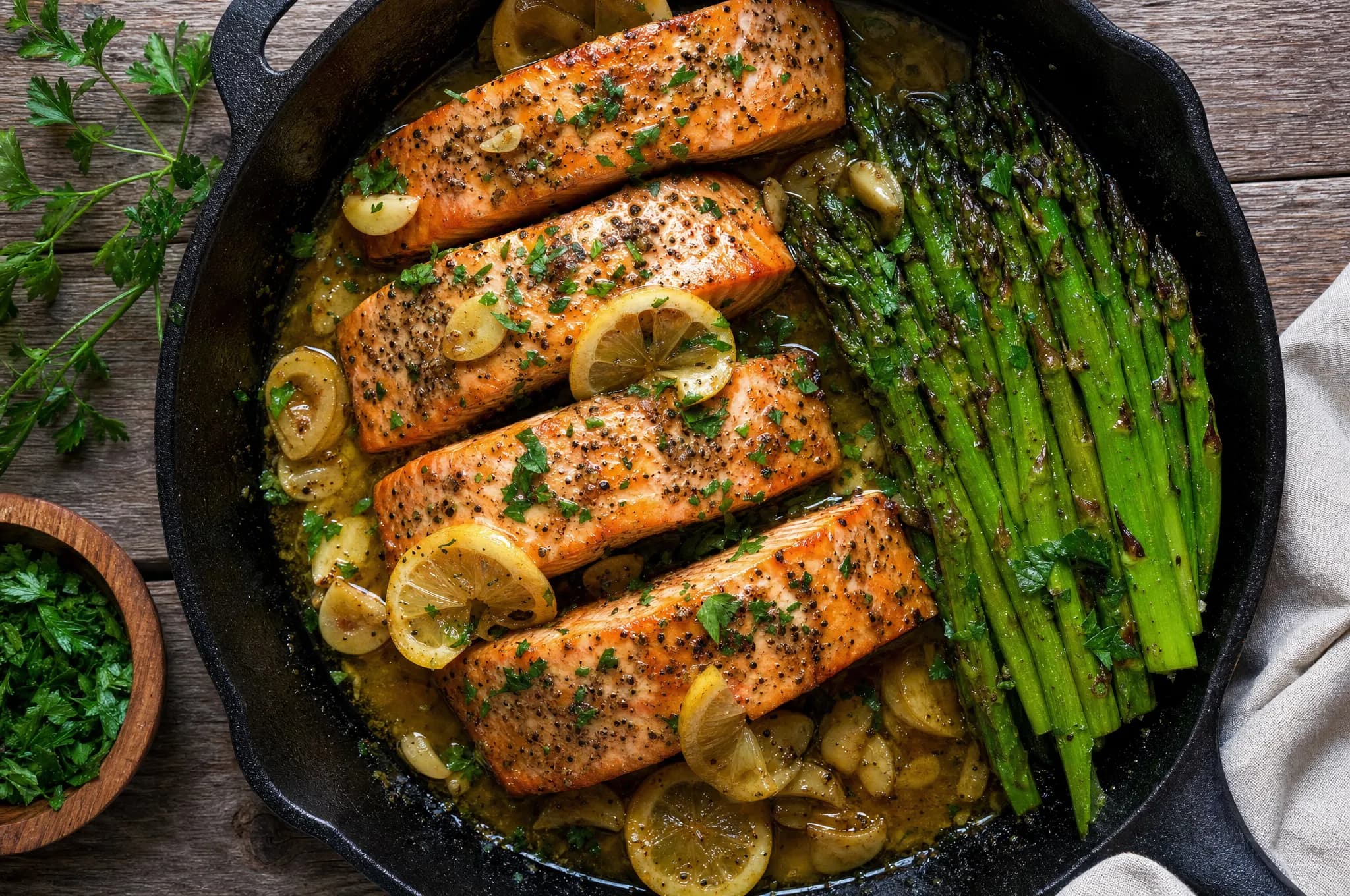 Pan-seared keto salmon fillets in glossy garlic butter sauce with lemon slices and parsley in a cast-iron skillet, asparagus alongside