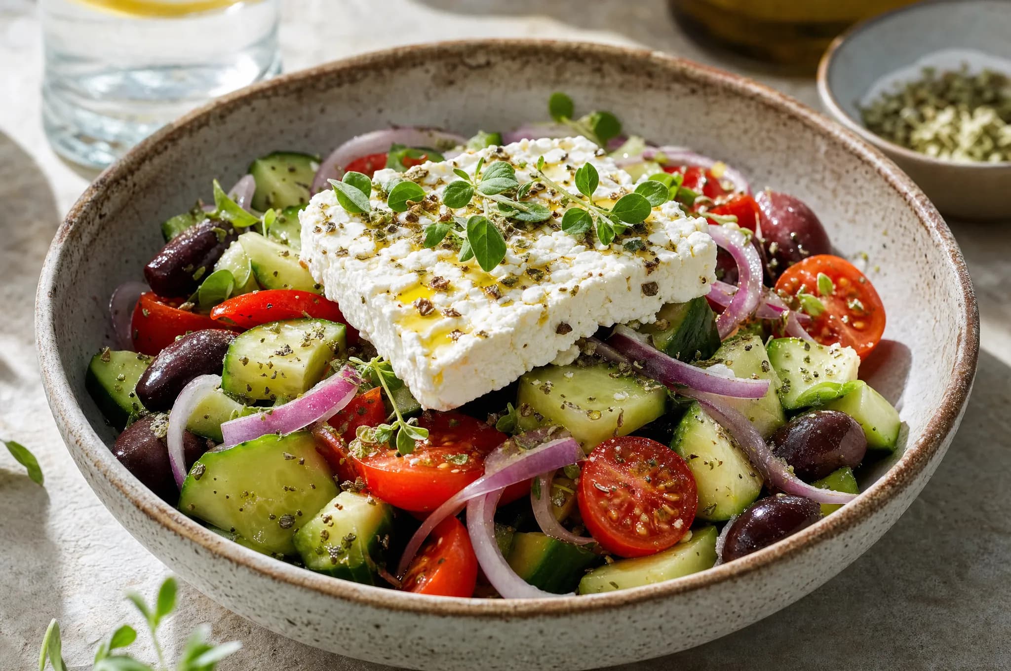 A bowl of Greek salad with chunks of cucumber, tomato, kalamata olives, red onion, and crumbled feta cheese, drizzled with olive oil