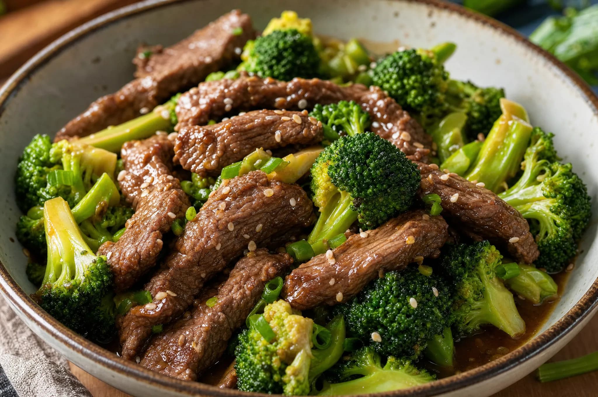 Keto beef and broccoli — tender beef strips and bright green broccoli florets in a glossy savory sauce with sesame seeds in a bowl