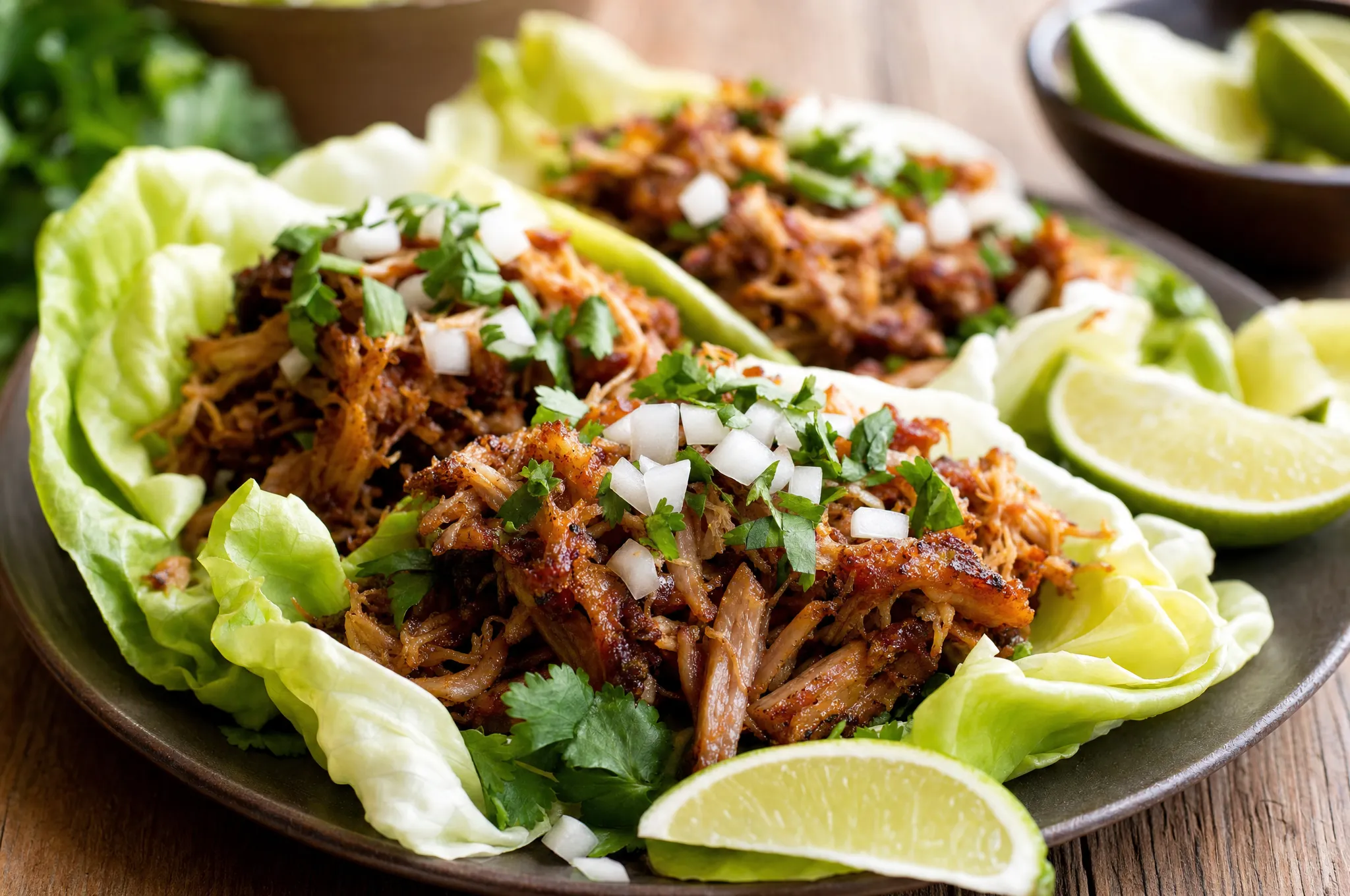 Keto Instant Pot pork carnitas — crispy golden shredded pork with lime wedges, cilantro, and diced onion in lettuce cups