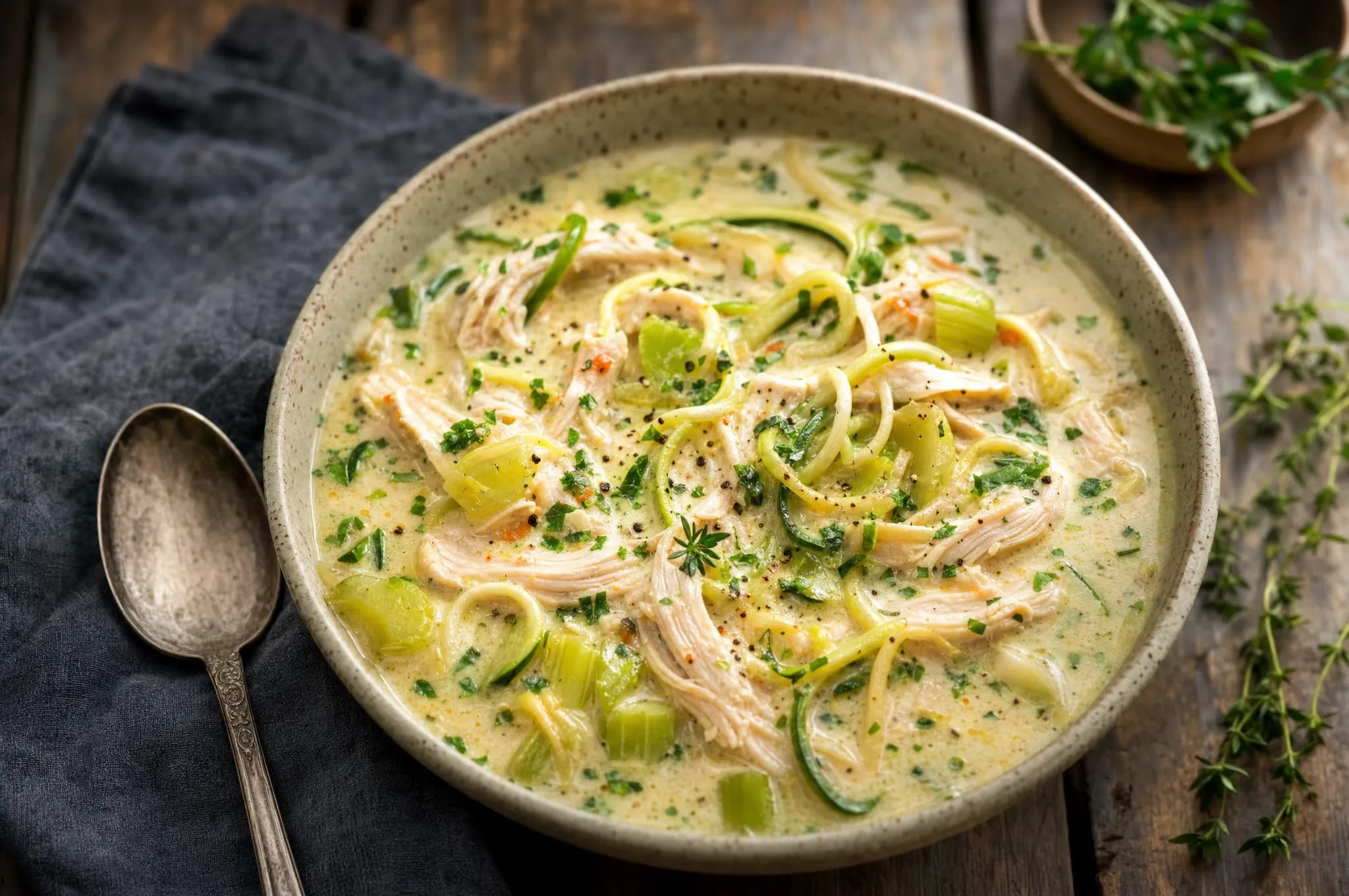 Creamy keto chicken soup with shredded chicken, celery, and zucchini noodles in a rich broth with fresh herbs in a stoneware bowl