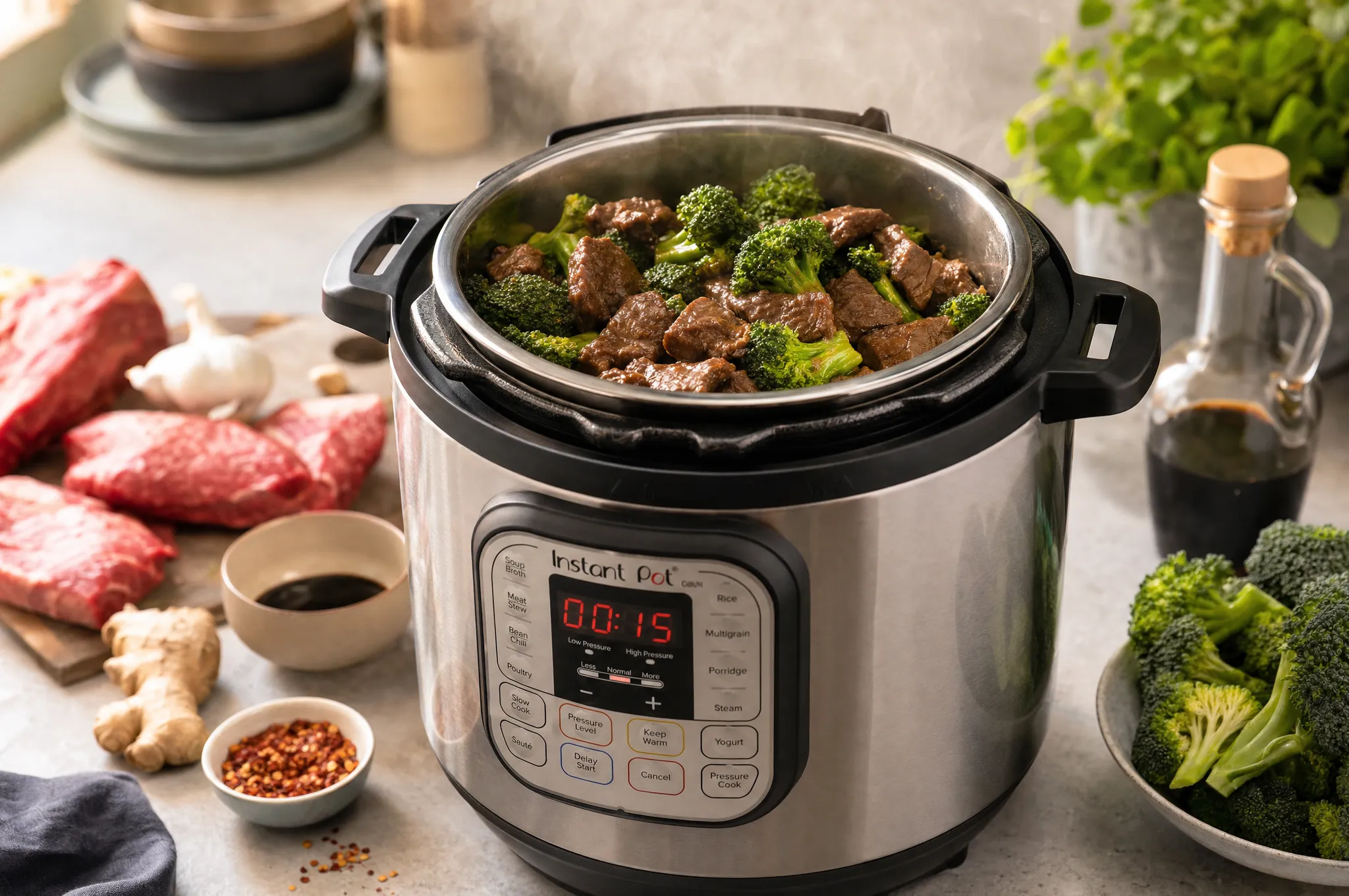 An electric pressure cooker on a kitchen counter with steam rising over a keto beef and broccoli dish, surrounded by fresh low-carb ingredients