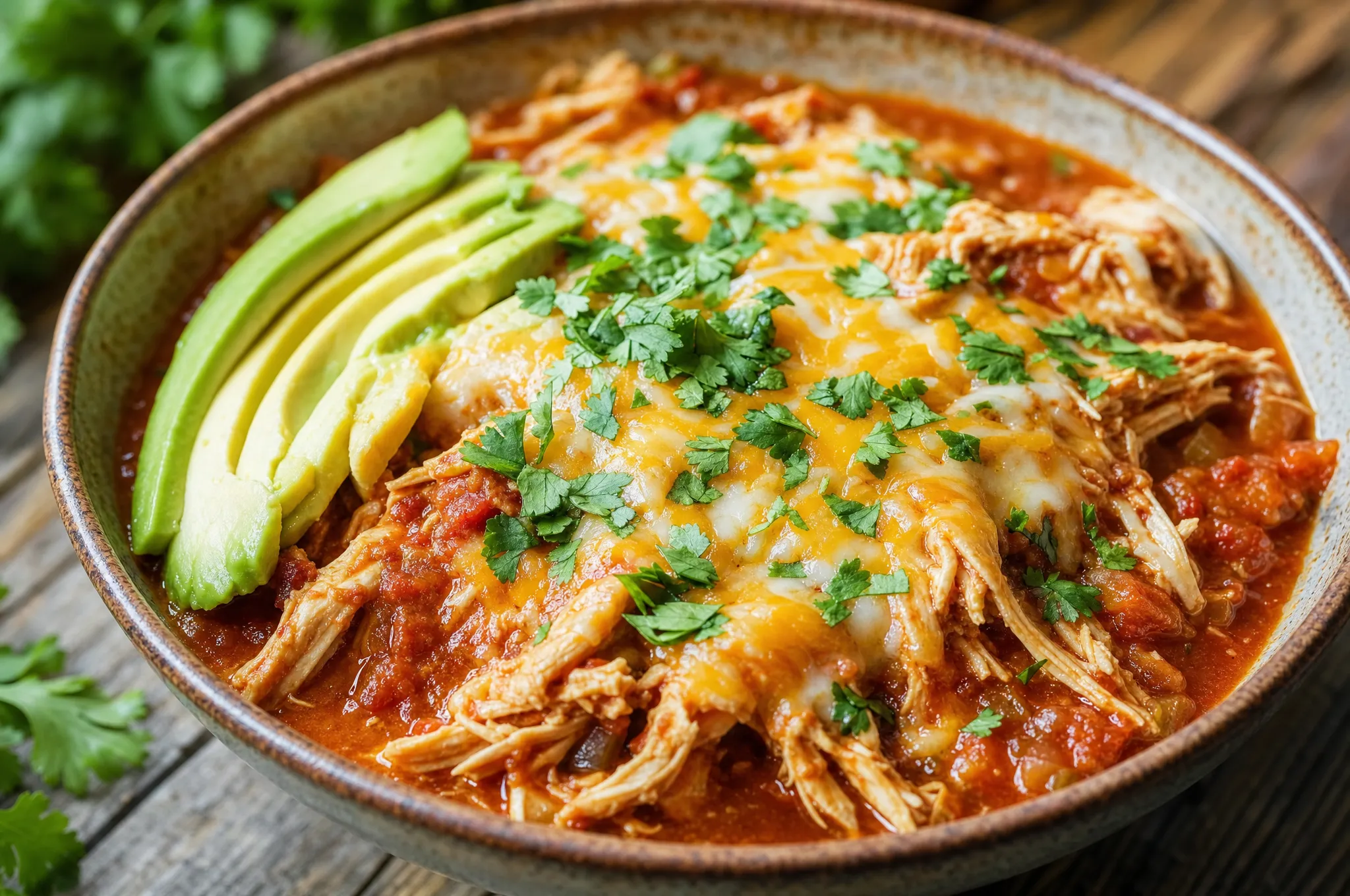 Keto Instant Pot salsa chicken — shredded chicken in red salsa topped with melted cheese, sliced avocado, and cilantro in a bowl