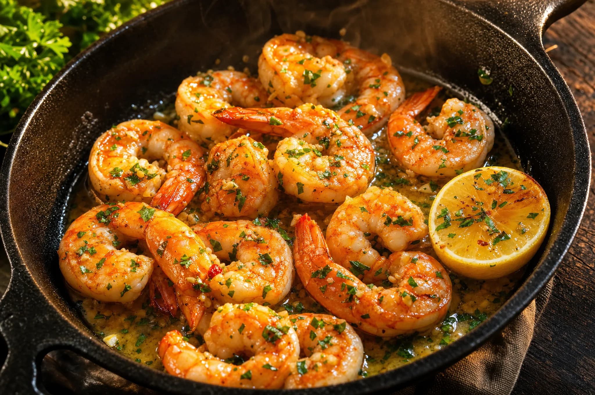 Jumbo shrimp in golden lemon butter sauce with garlic and parsley in a cast-iron skillet