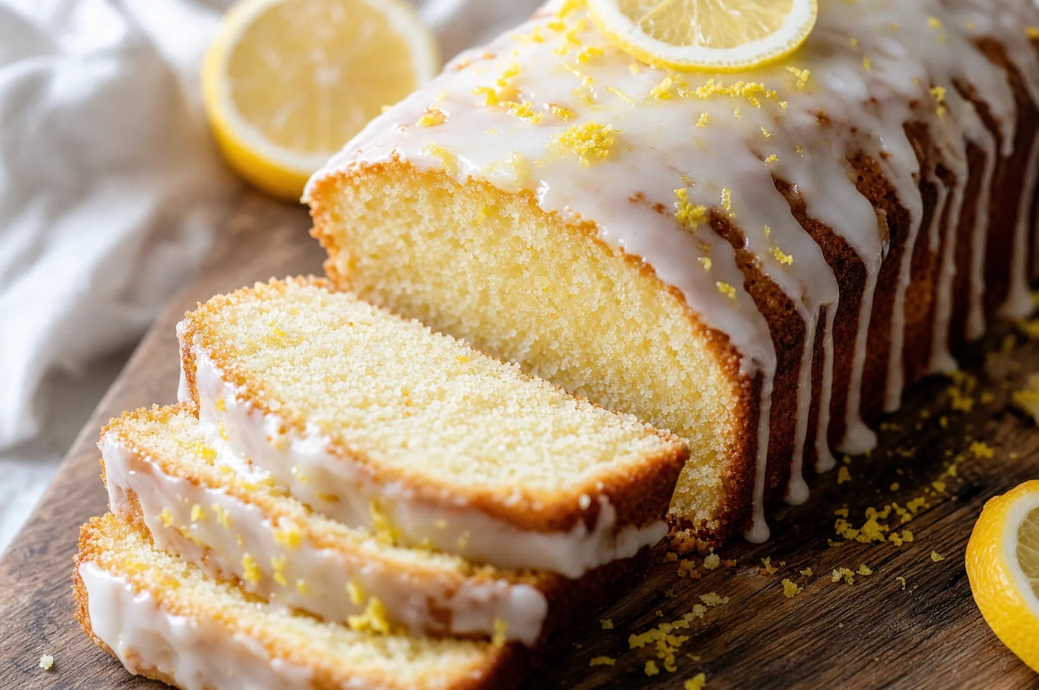 A sliced keto lemon pound cake loaf with a white lemon glaze drizzled over the top, fresh lemon zest scattered around, on a wooden board
