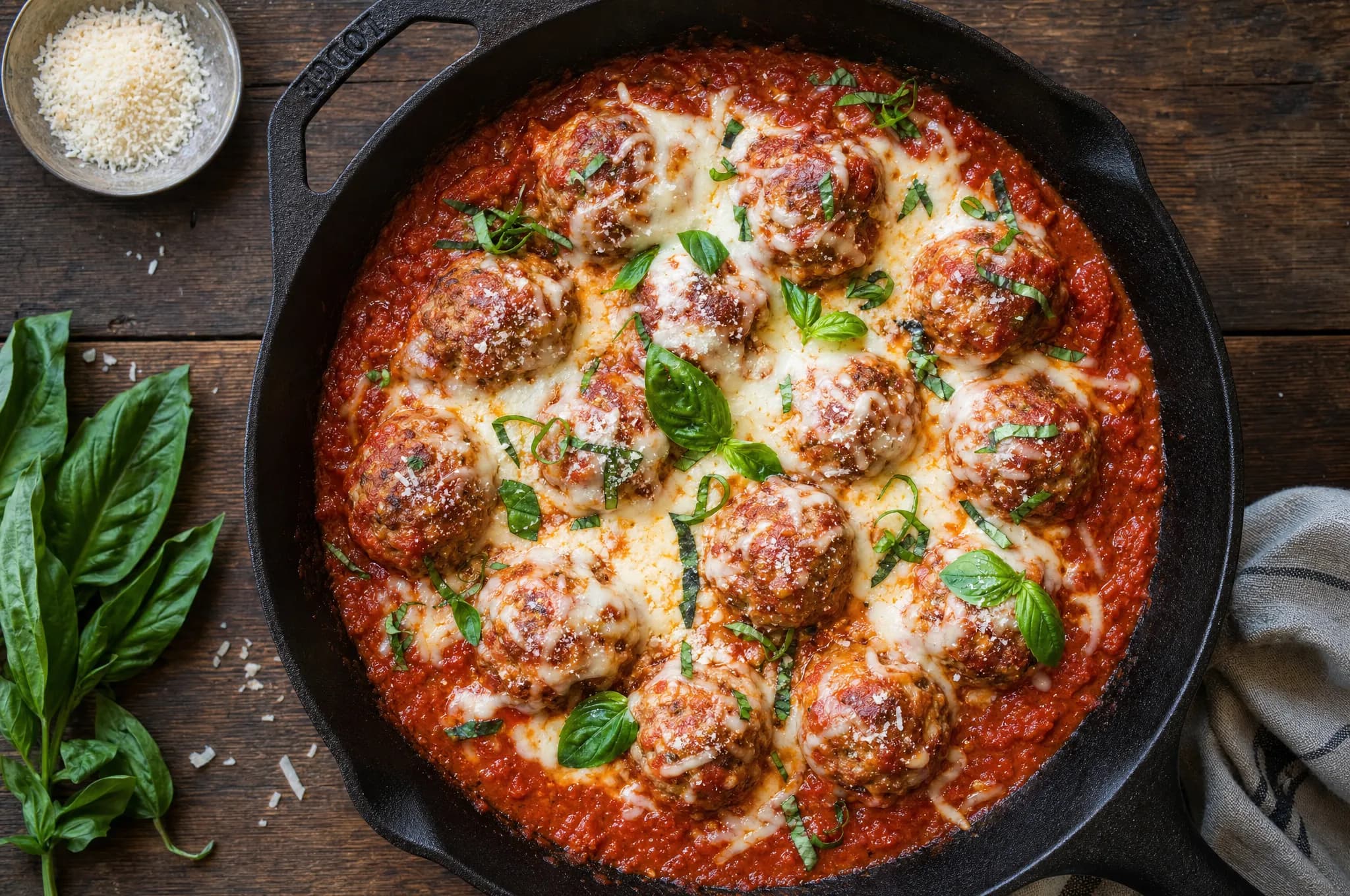 Keto meatballs in tomato marinara topped with melted mozzarella, fresh basil, and grated parmesan in a cast-iron skillet